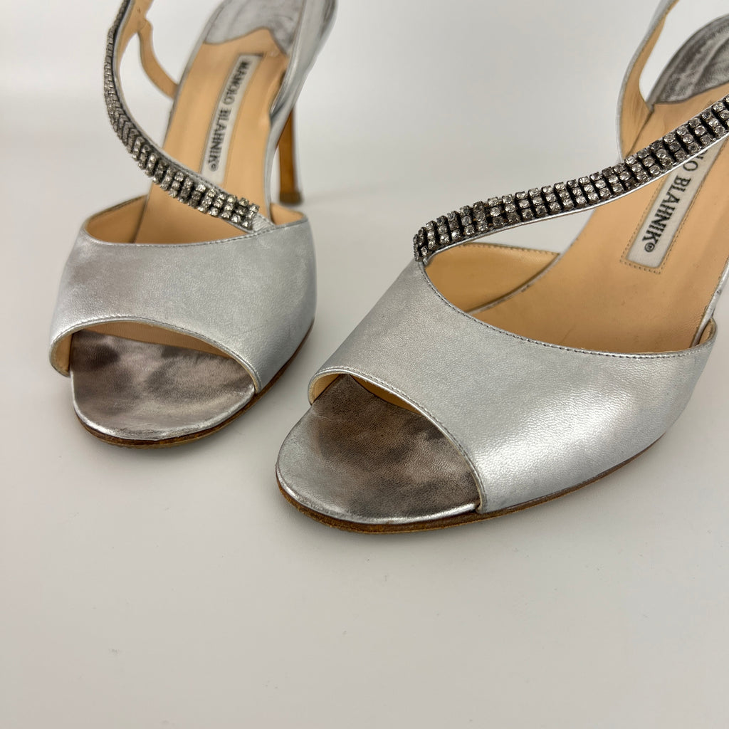 Manolo Blahnik | Silver Leather Crystal Embellished Strap Slingback (39)