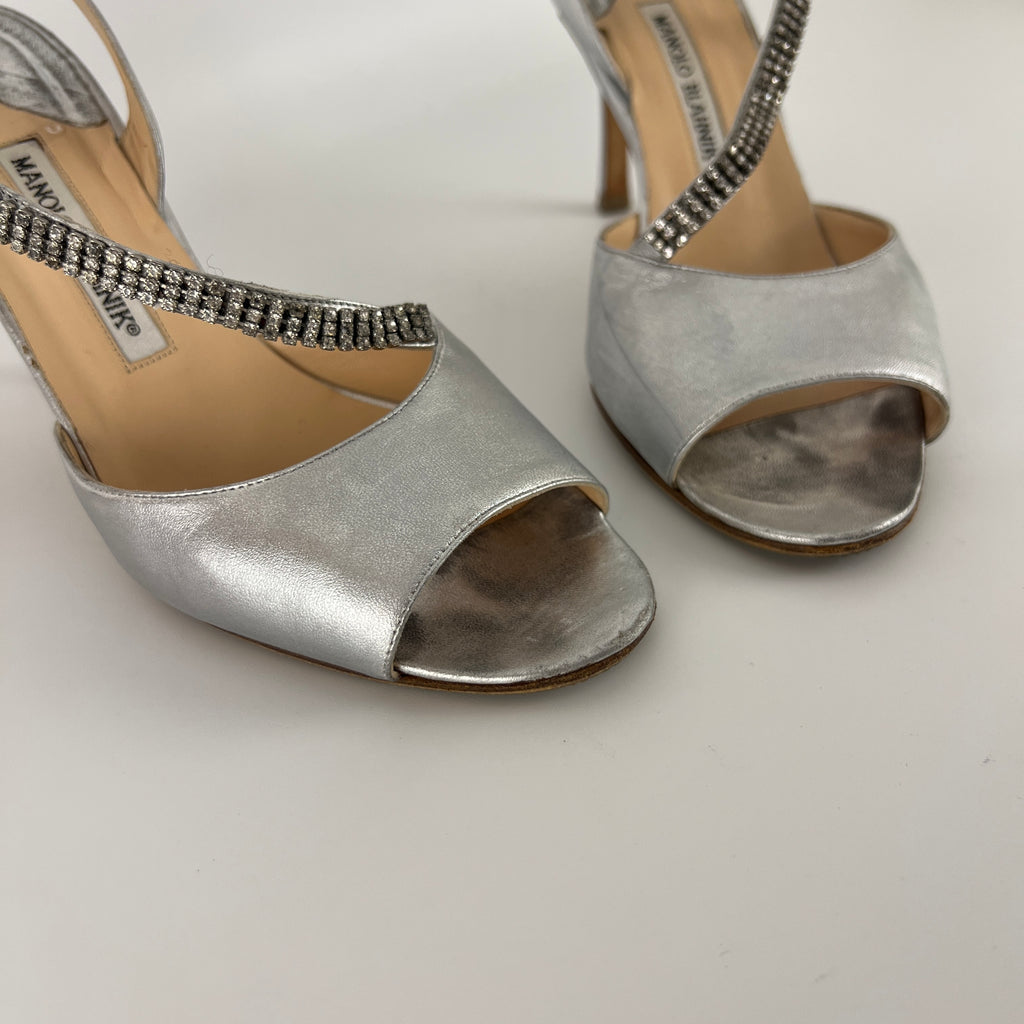 Manolo Blahnik | Silver Leather Crystal Embellished Strap Slingback (39)
