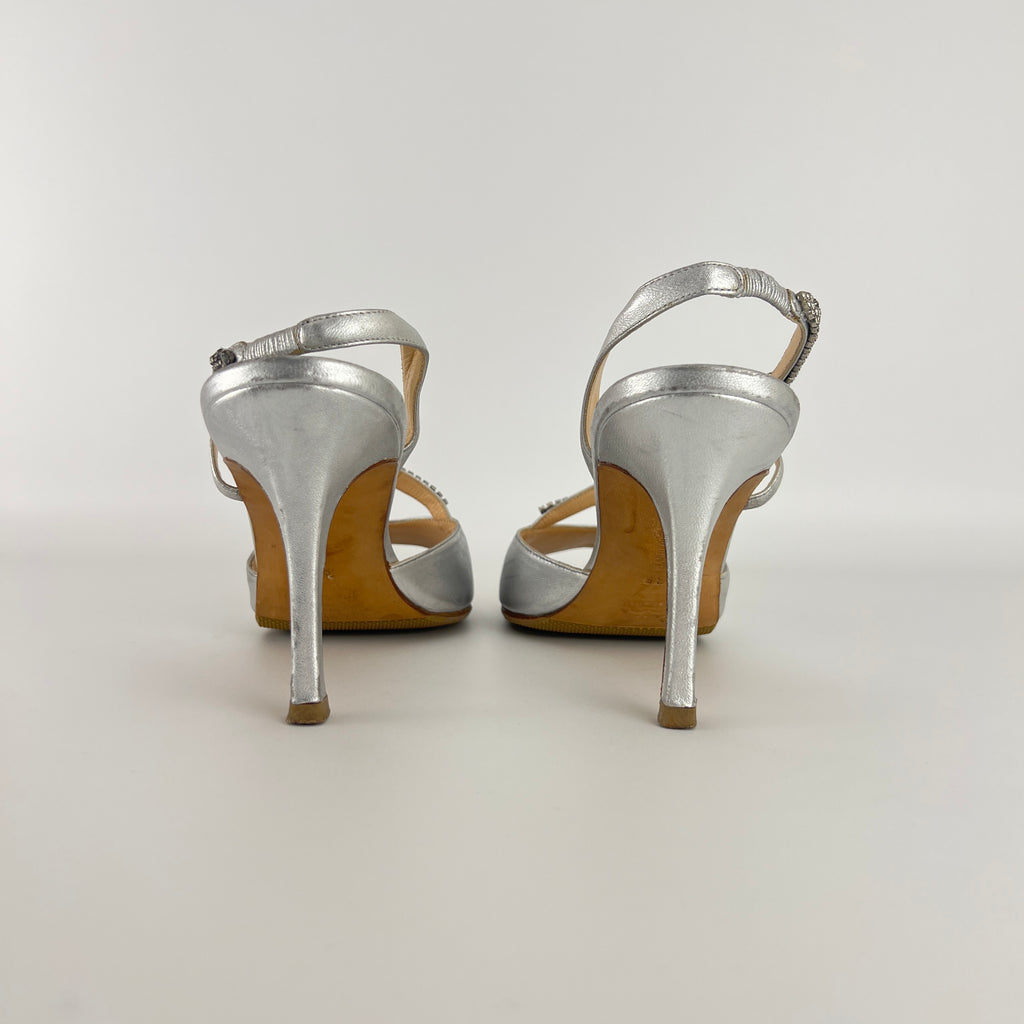 Manolo Blahnik | Silver Leather Crystal Embellished Strap Slingback (39)