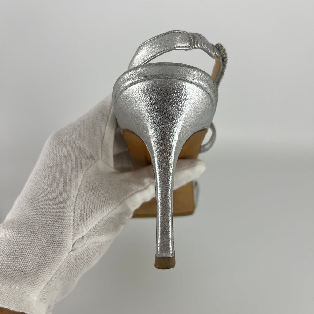 Manolo Blahnik | Silver Leather Crystal Embellished Strap Slingback (39)