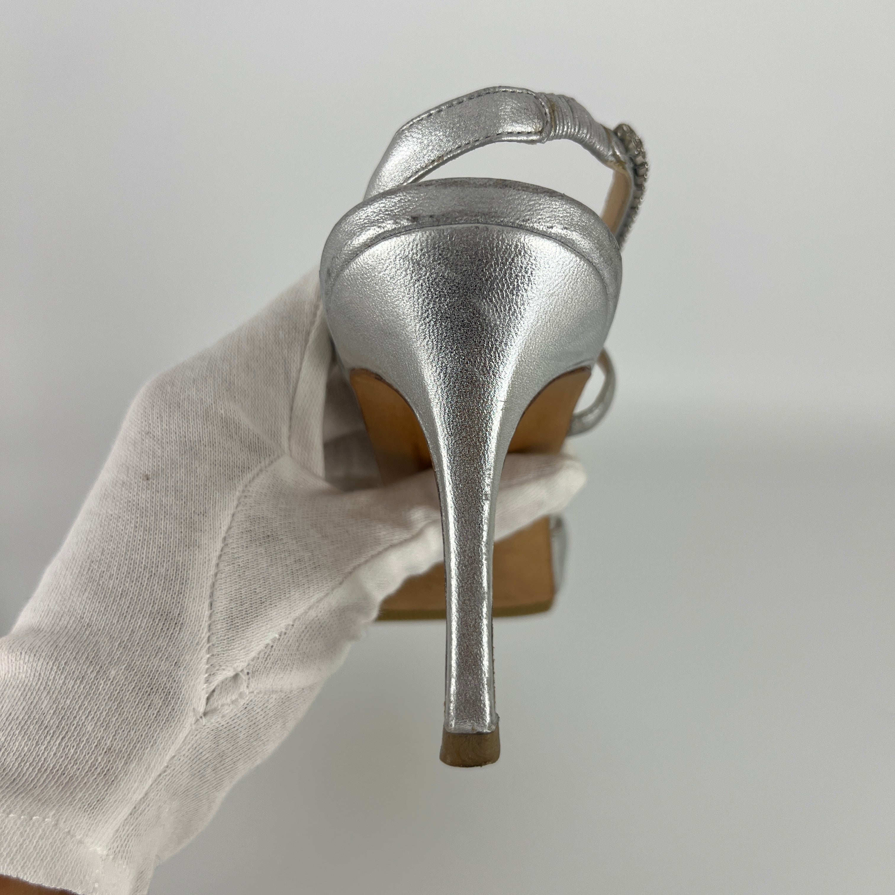 Manolo Blahnik | Silver Leather Crystal Embellished Strap Slingback (39)