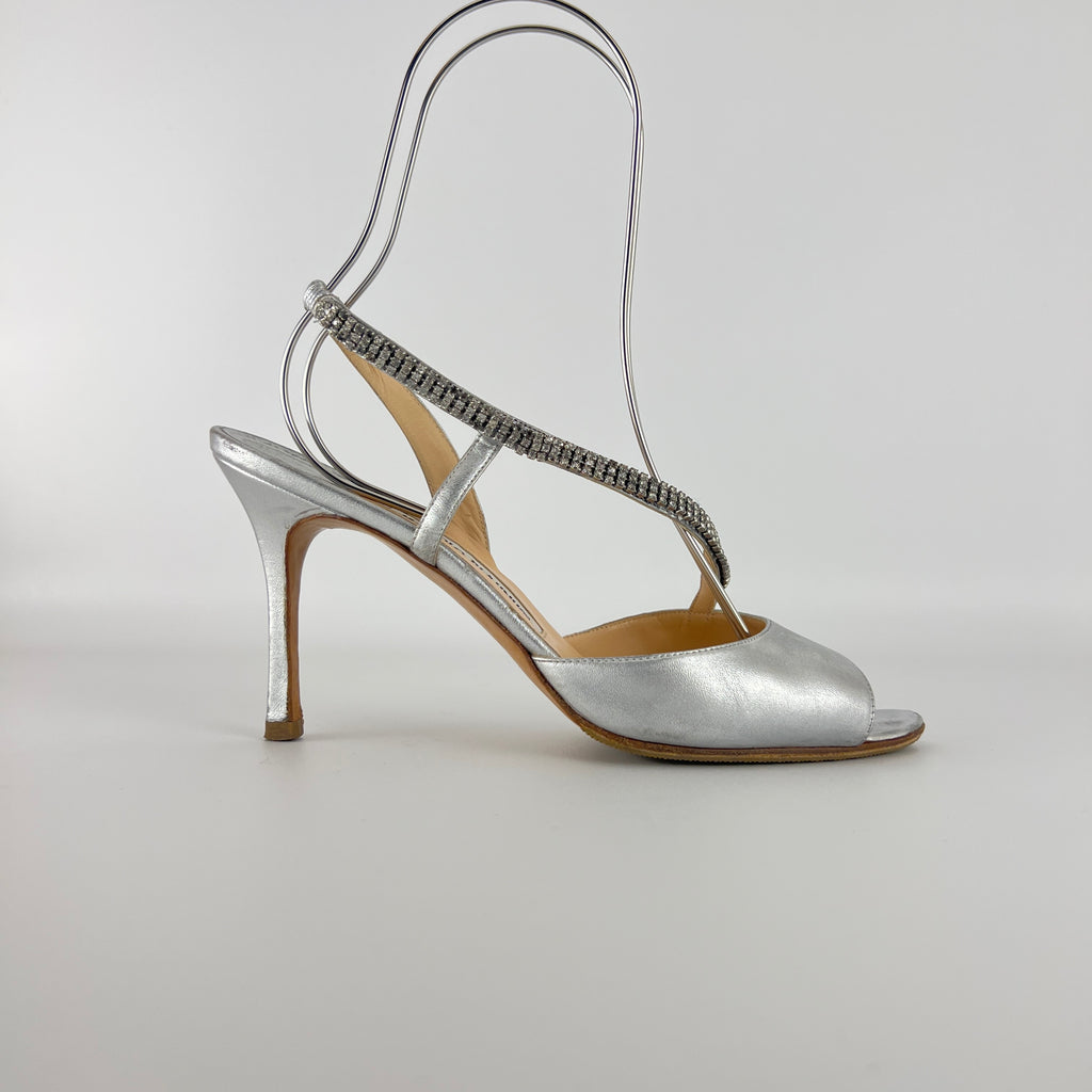 Manolo Blahnik | Silver Leather Crystal Embellished Strap Slingback (39)