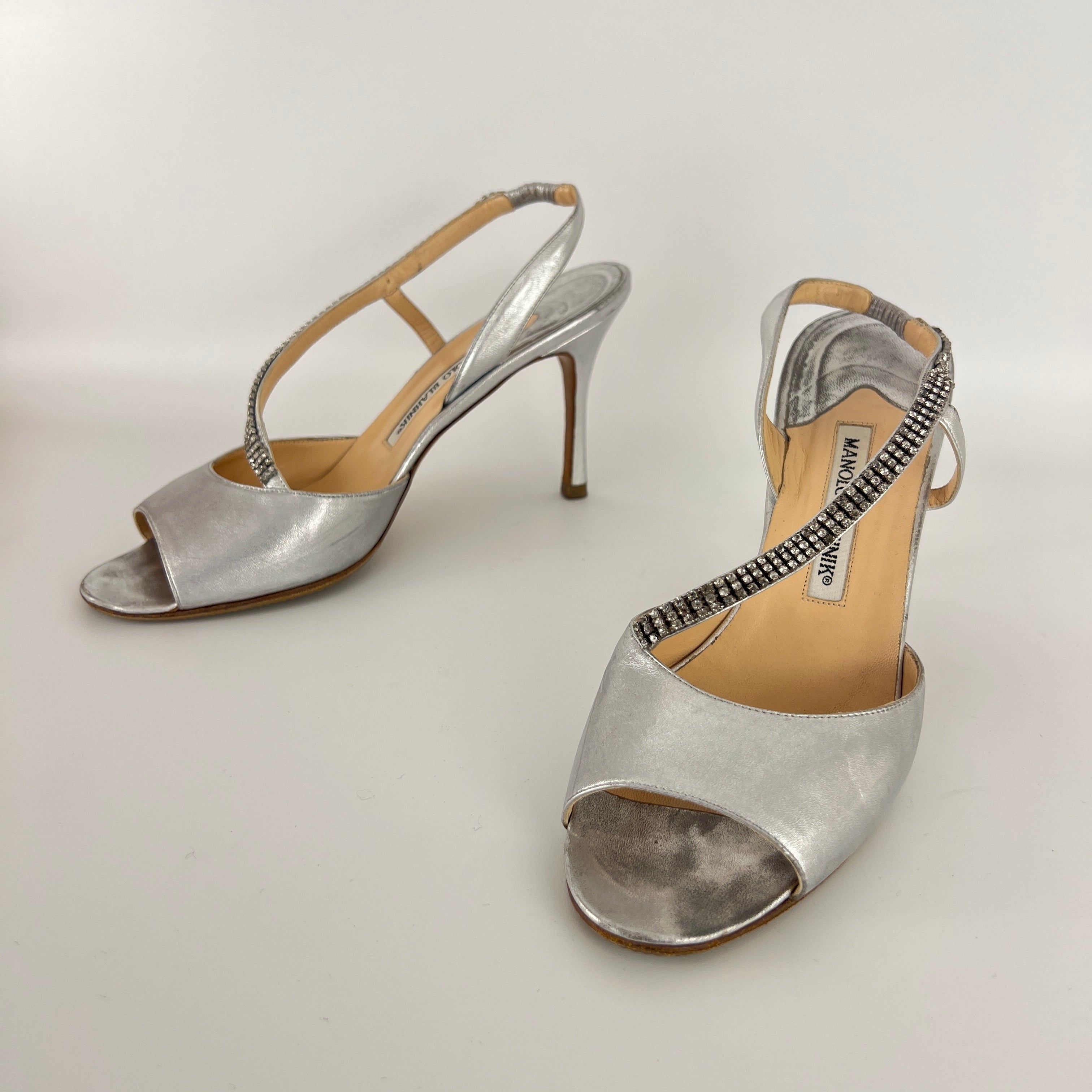 Manolo Blahnik | Silver Leather Crystal Embellished Strap Slingback (39)