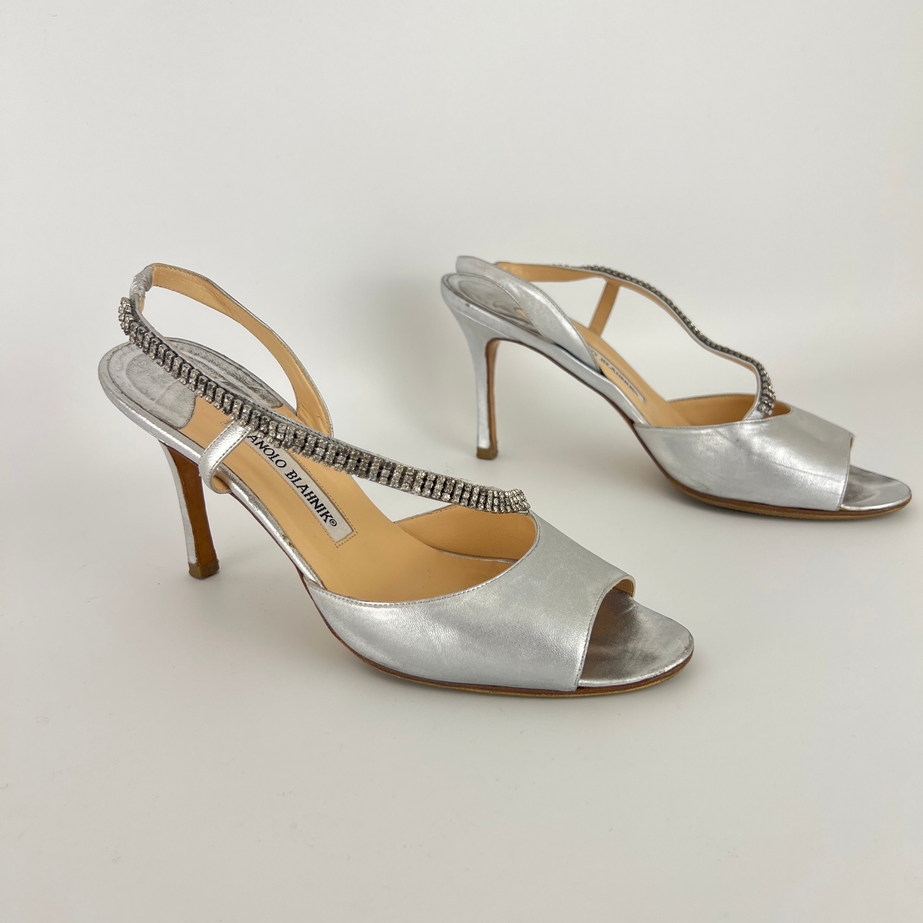 Manolo Blahnik | Silver Leather Crystal Embellished Strap Slingback (39)
