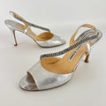 Manolo Blahnik | Silver Leather Crystal Embellished Strap Slingback (39)