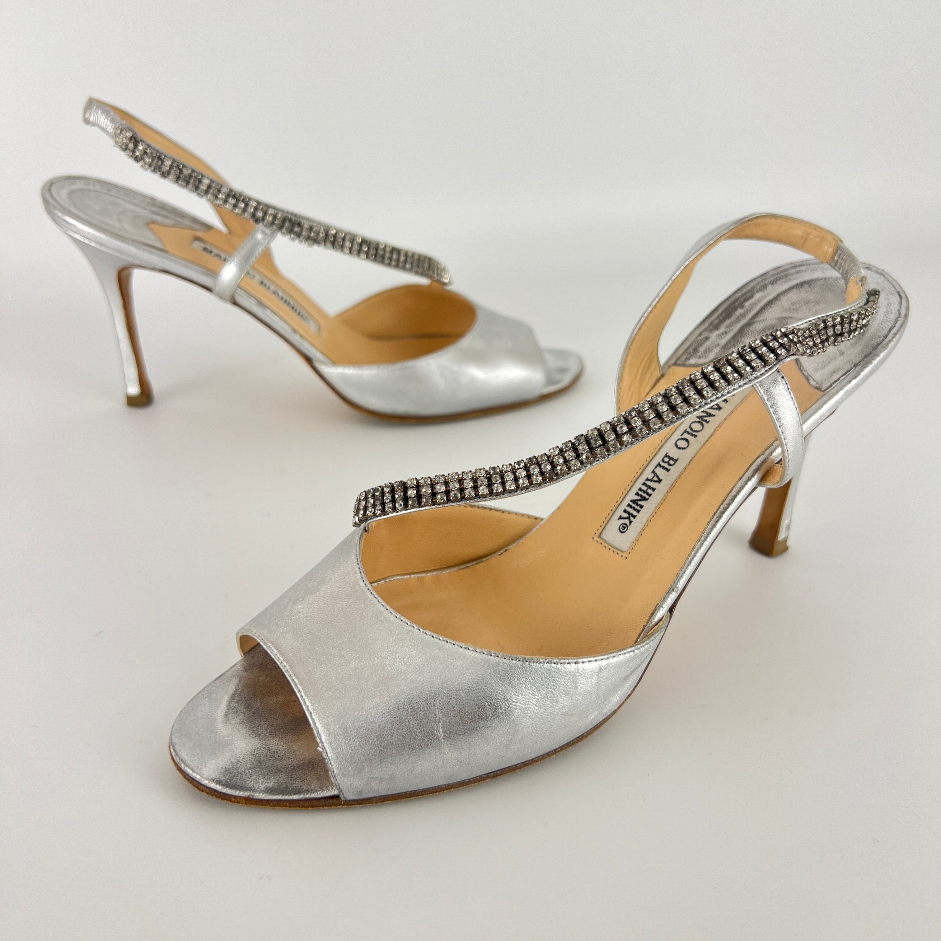 Manolo Blahnik | Silver Leather Crystal Embellished Strap Slingback (39)
