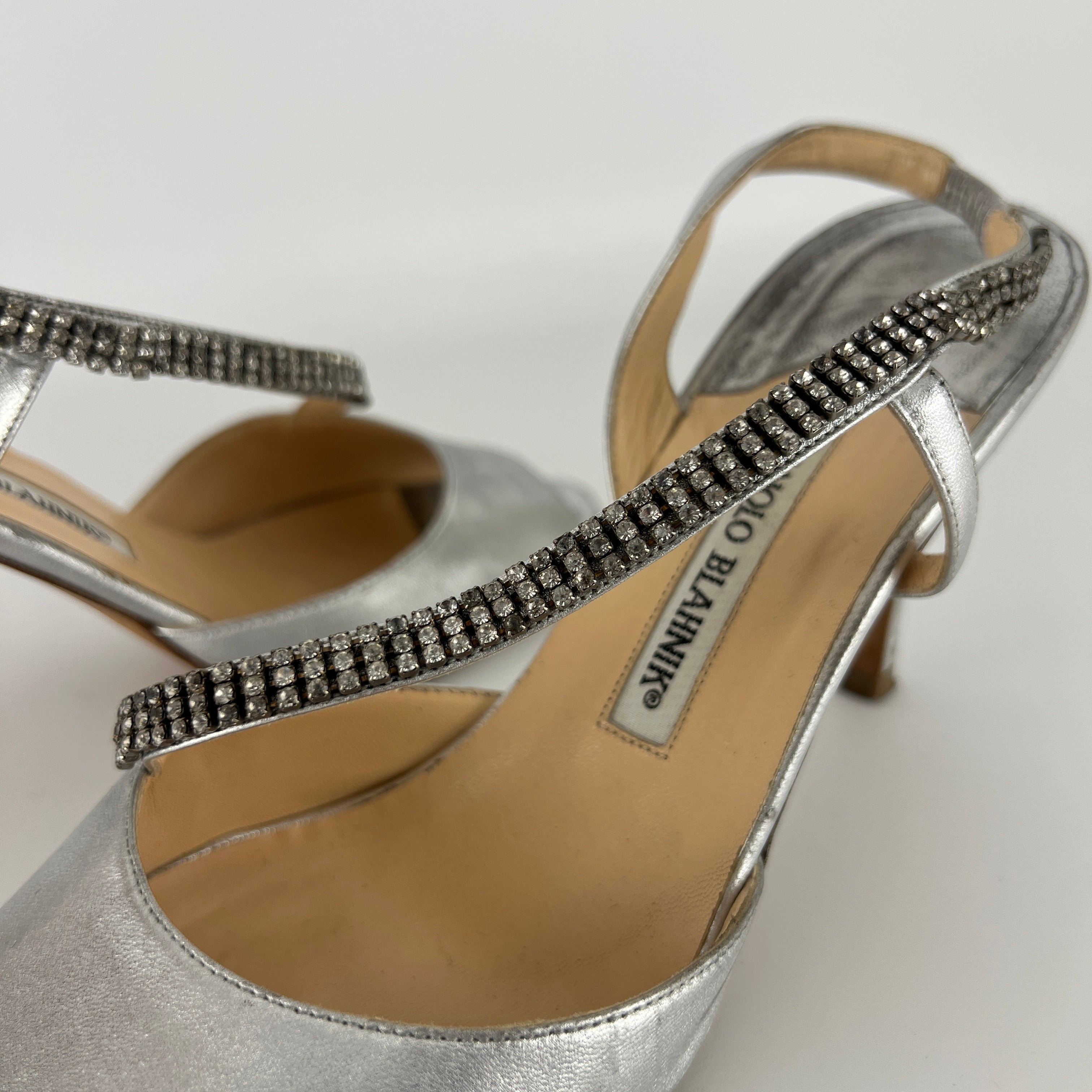 Manolo Blahnik | Silver Leather Crystal Embellished Strap Slingback (39)