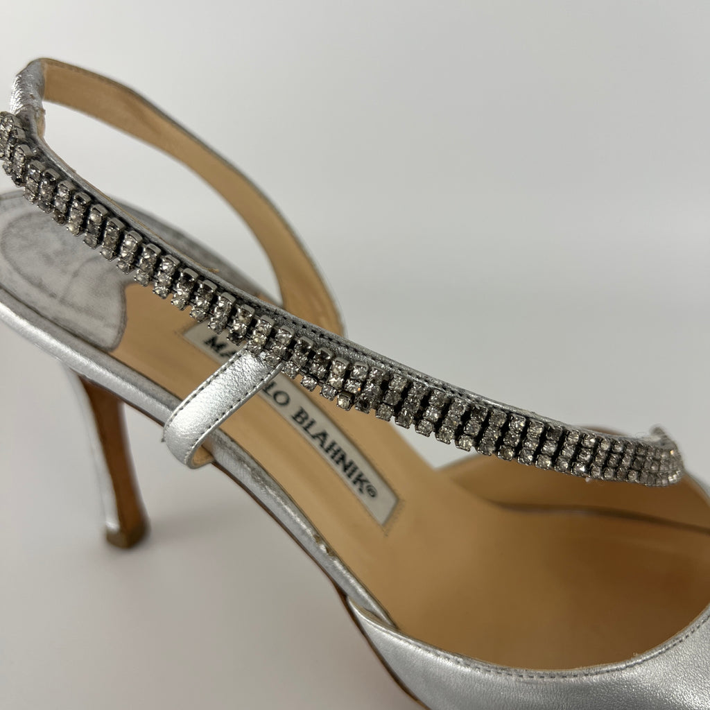 Manolo Blahnik | Silver Leather Crystal Embellished Strap Slingback (39)