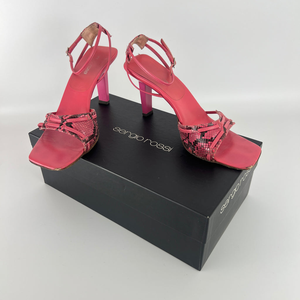 Sergio Rossi | Pink Snake Leather Ankle Wrap Strappy Sandal Heels (36)
