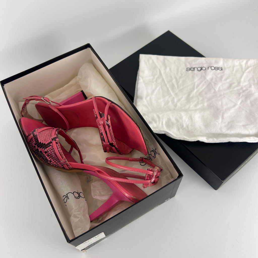 Sergio Rossi | Pink Snake Leather Ankle Wrap Strappy Sandal Heels (36)