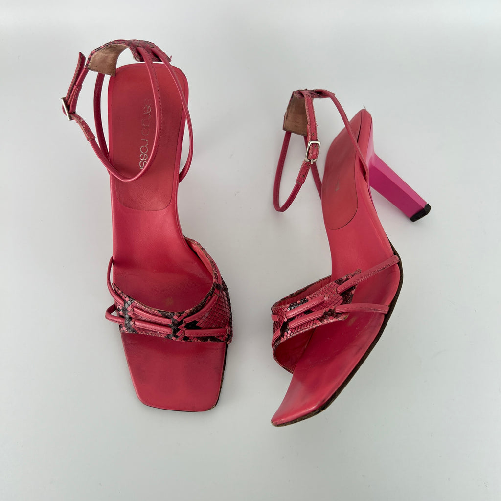 Sergio Rossi | Pink Snake Leather Ankle Wrap Strappy Sandal Heels (36)