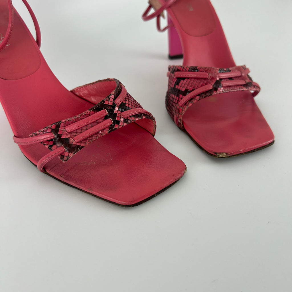 Sergio Rossi | Pink Snake Leather Ankle Wrap Strappy Sandal Heels (36)
