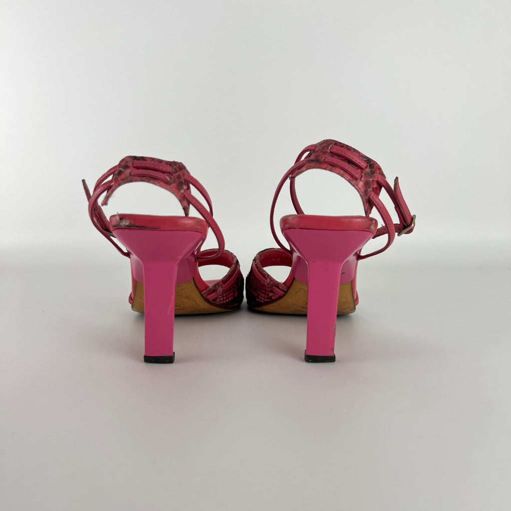 Sergio Rossi | Pink Snake Leather Ankle Wrap Strappy Sandal Heels (36)