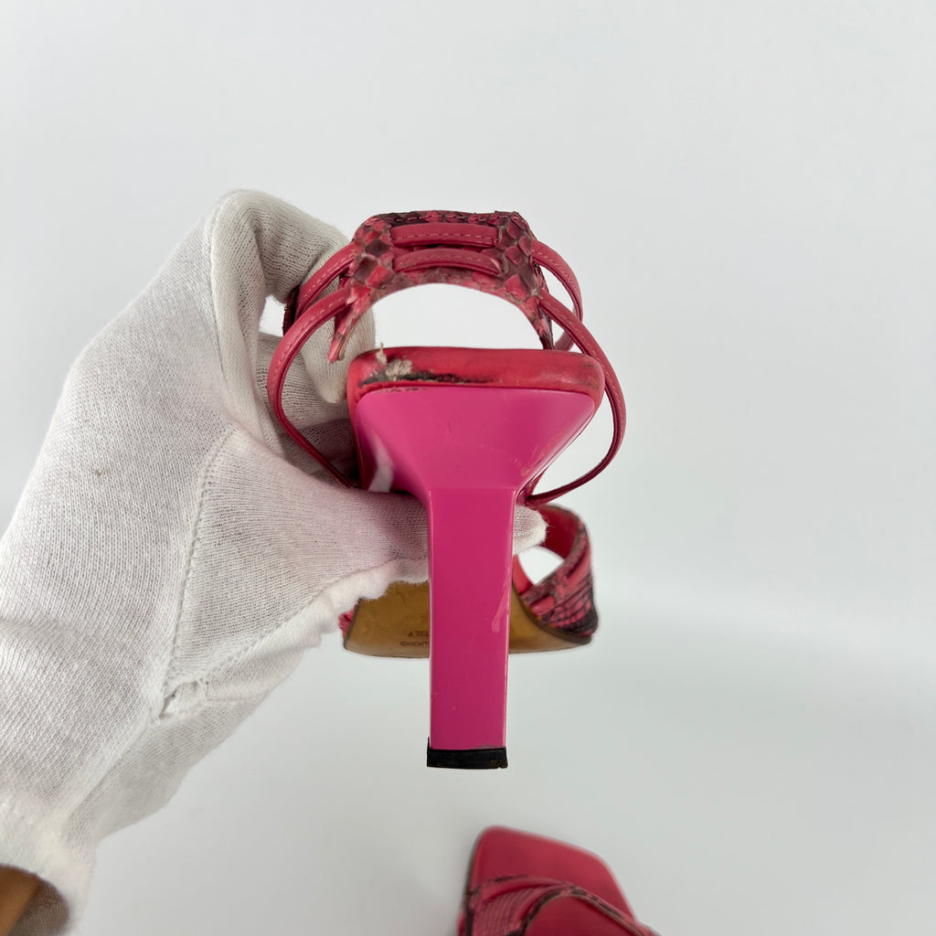 Sergio Rossi | Pink Snake Leather Ankle Wrap Strappy Sandal Heels (36)