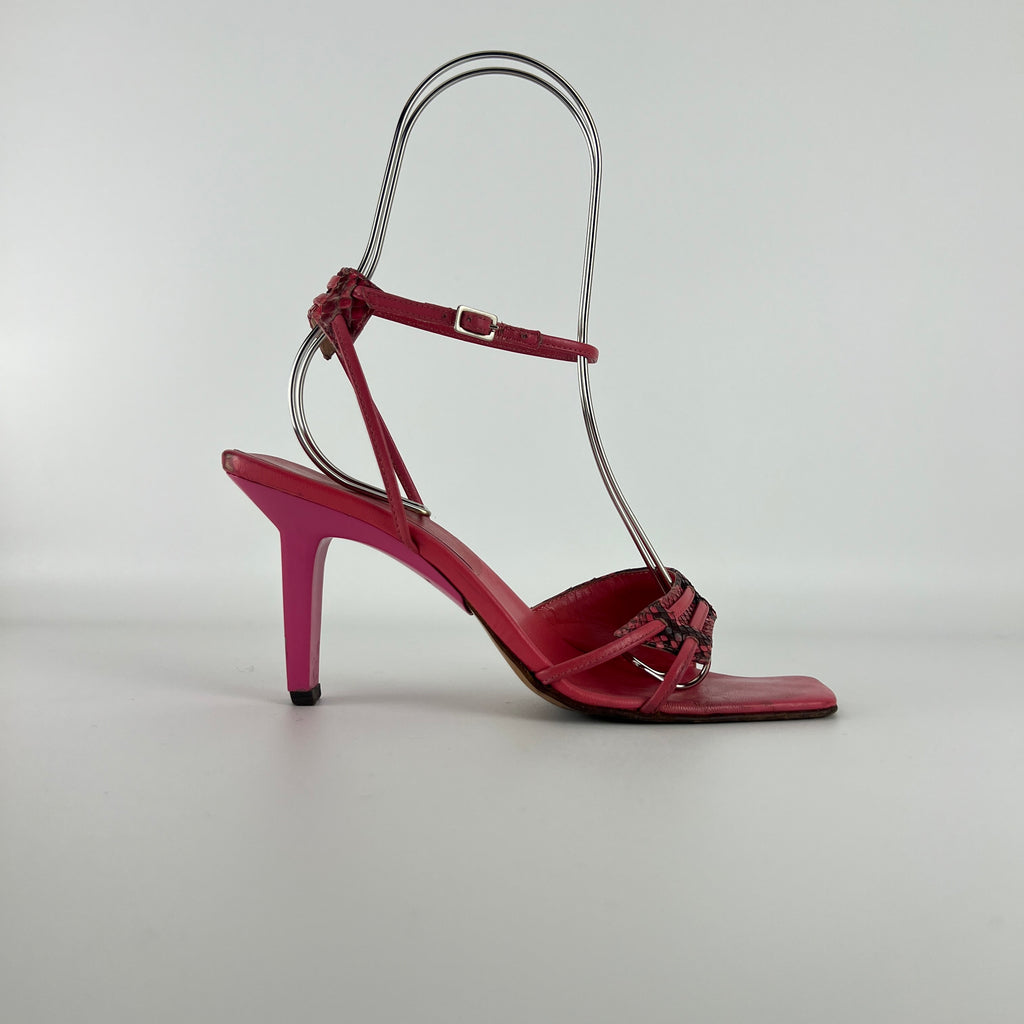 Sergio Rossi | Pink Snake Leather Ankle Wrap Strappy Sandal Heels (36)