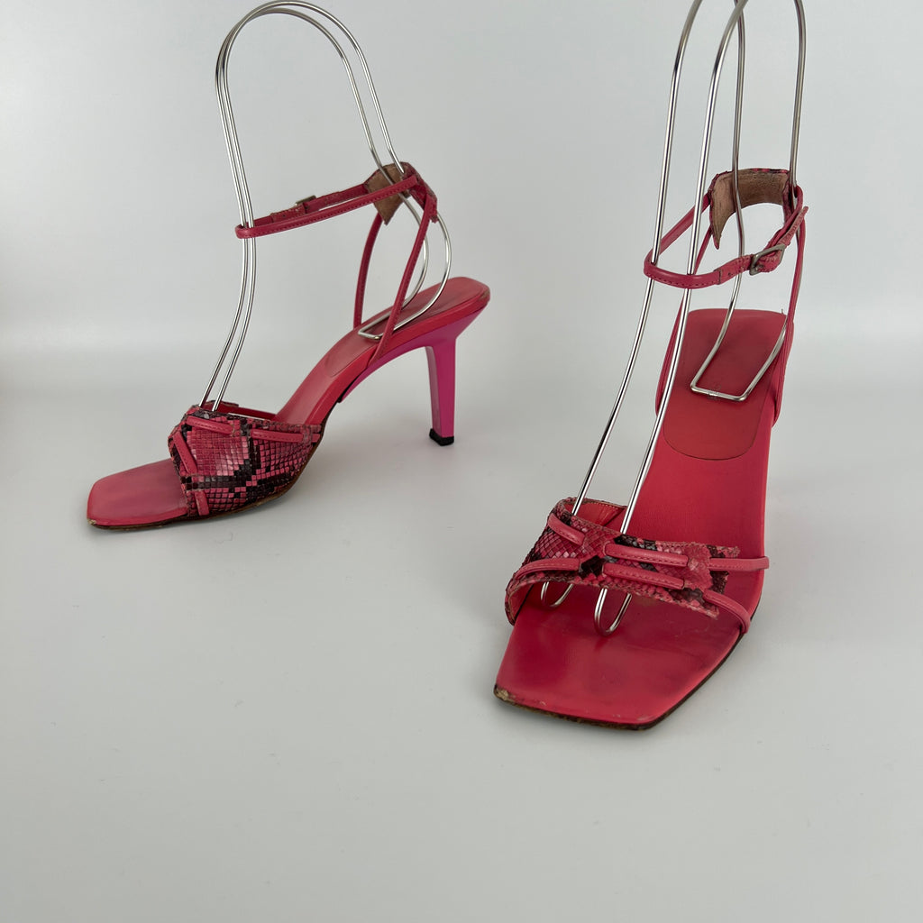 Sergio Rossi | Pink Snake Leather Ankle Wrap Strappy Sandal Heels (36)