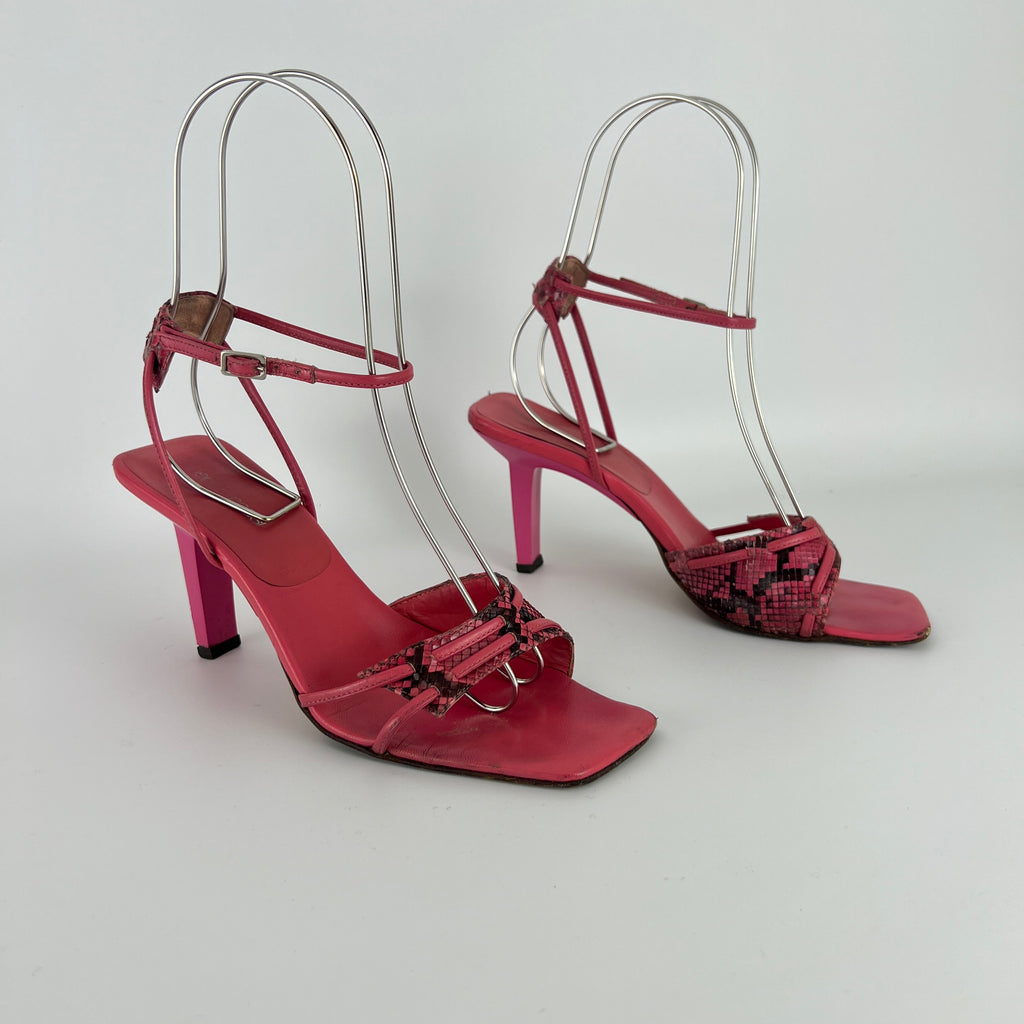 Sergio Rossi | Pink Snake Leather Ankle Wrap Strappy Sandal Heels (36)