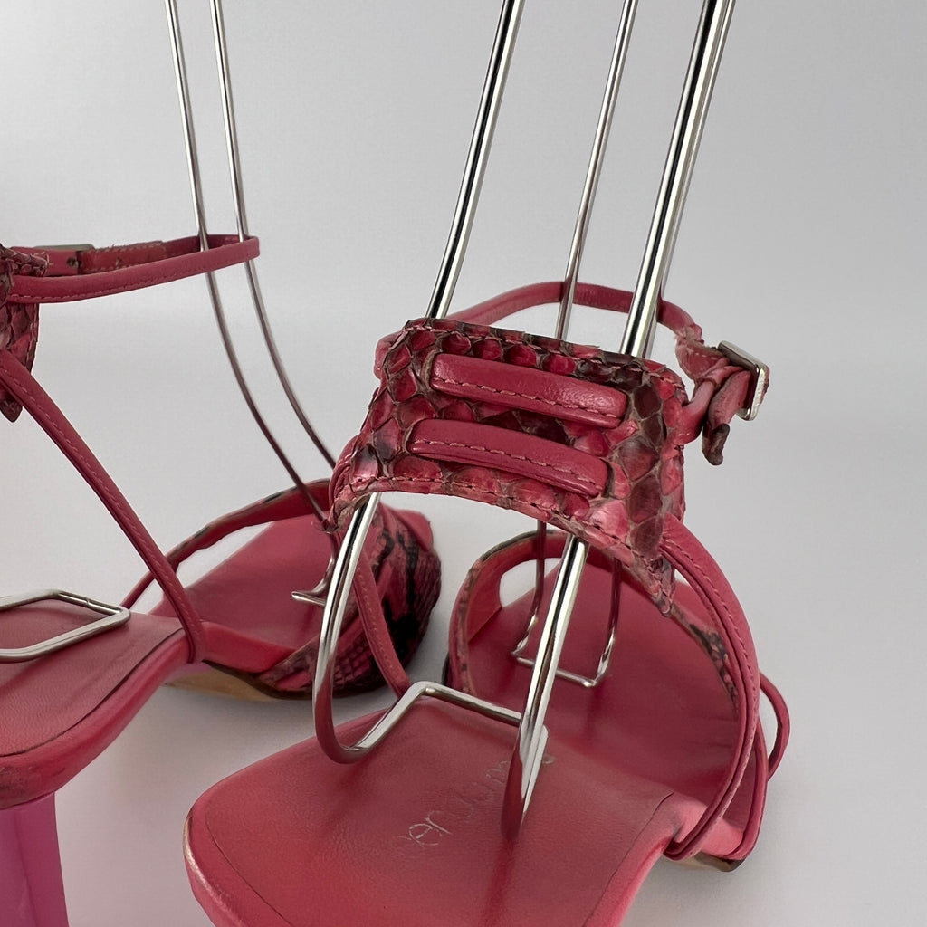 Sergio Rossi | Pink Snake Leather Ankle Wrap Strappy Sandal Heels (36)