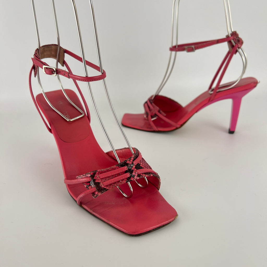 Sergio Rossi | Pink Snake Leather Ankle Wrap Strappy Sandal Heels (36)