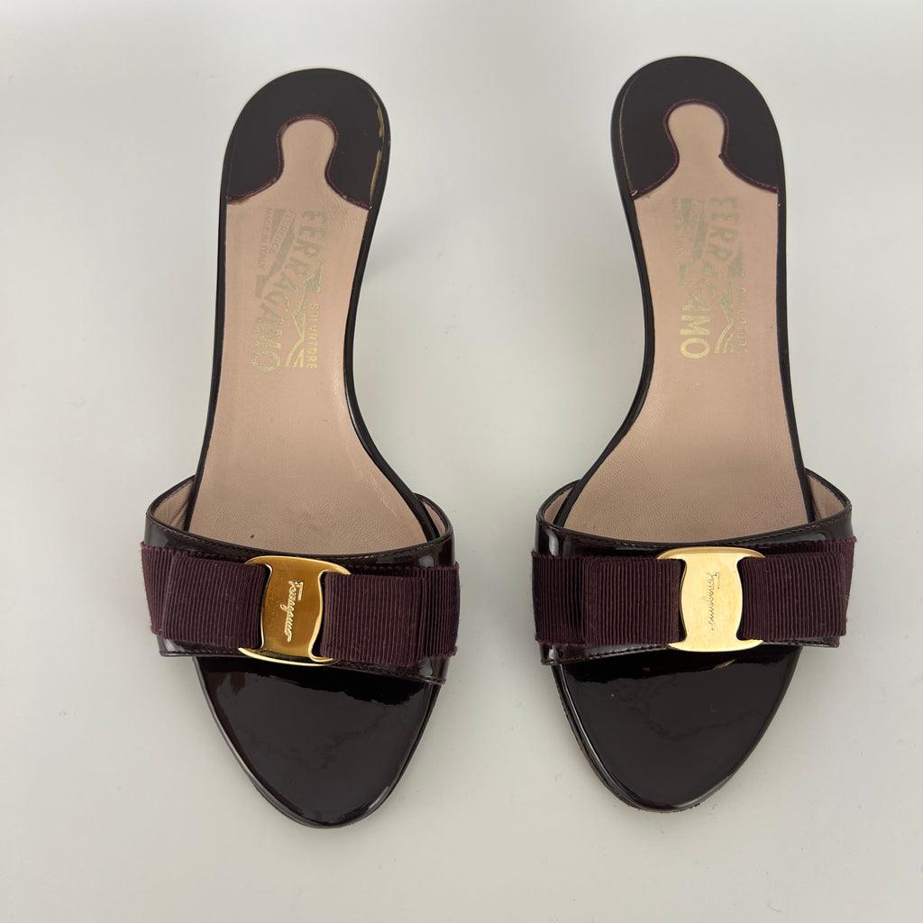 Ferragamo | Vara Bow Brown Eggplant Patent Leather Gold Sandal Mules (6.5, 36.5)