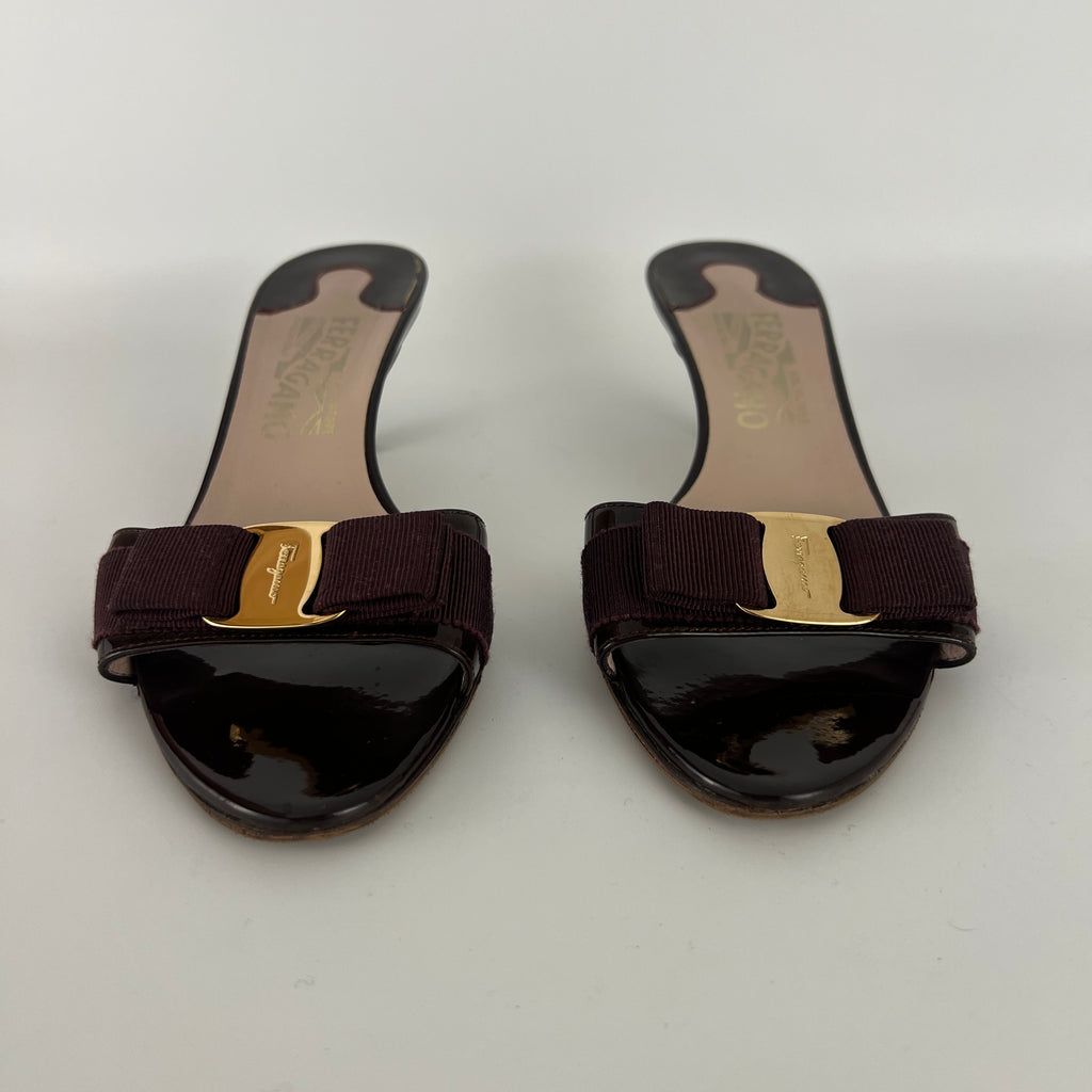 Ferragamo | Vara Bow Brown Eggplant Patent Leather Gold Sandal Mules (6.5, 36.5)