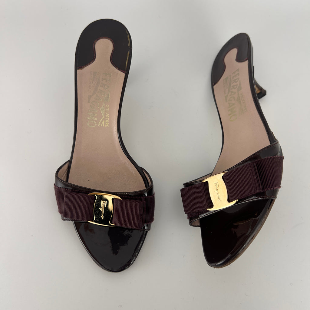 Ferragamo | Vara Bow Brown Eggplant Patent Leather Gold Sandal Mules (6.5, 36.5)