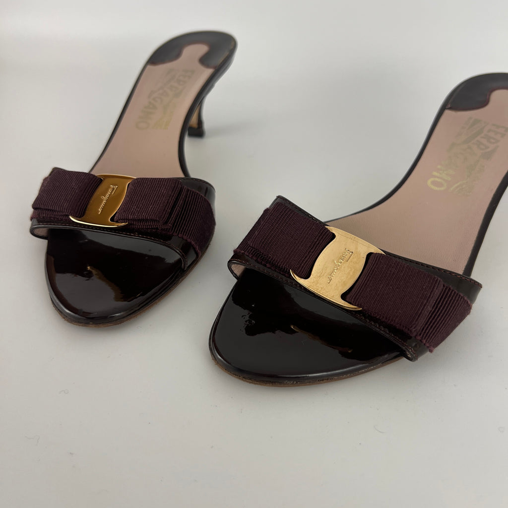 Ferragamo | Vara Bow Brown Eggplant Patent Leather Gold Sandal Mules (6.5, 36.5)