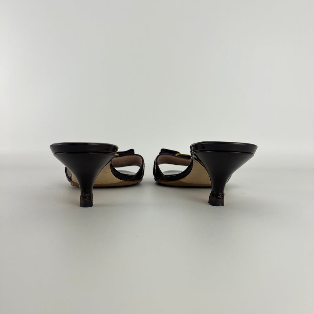 Ferragamo | Vara Bow Brown Eggplant Patent Leather Gold Sandal Mules (6.5, 36.5)