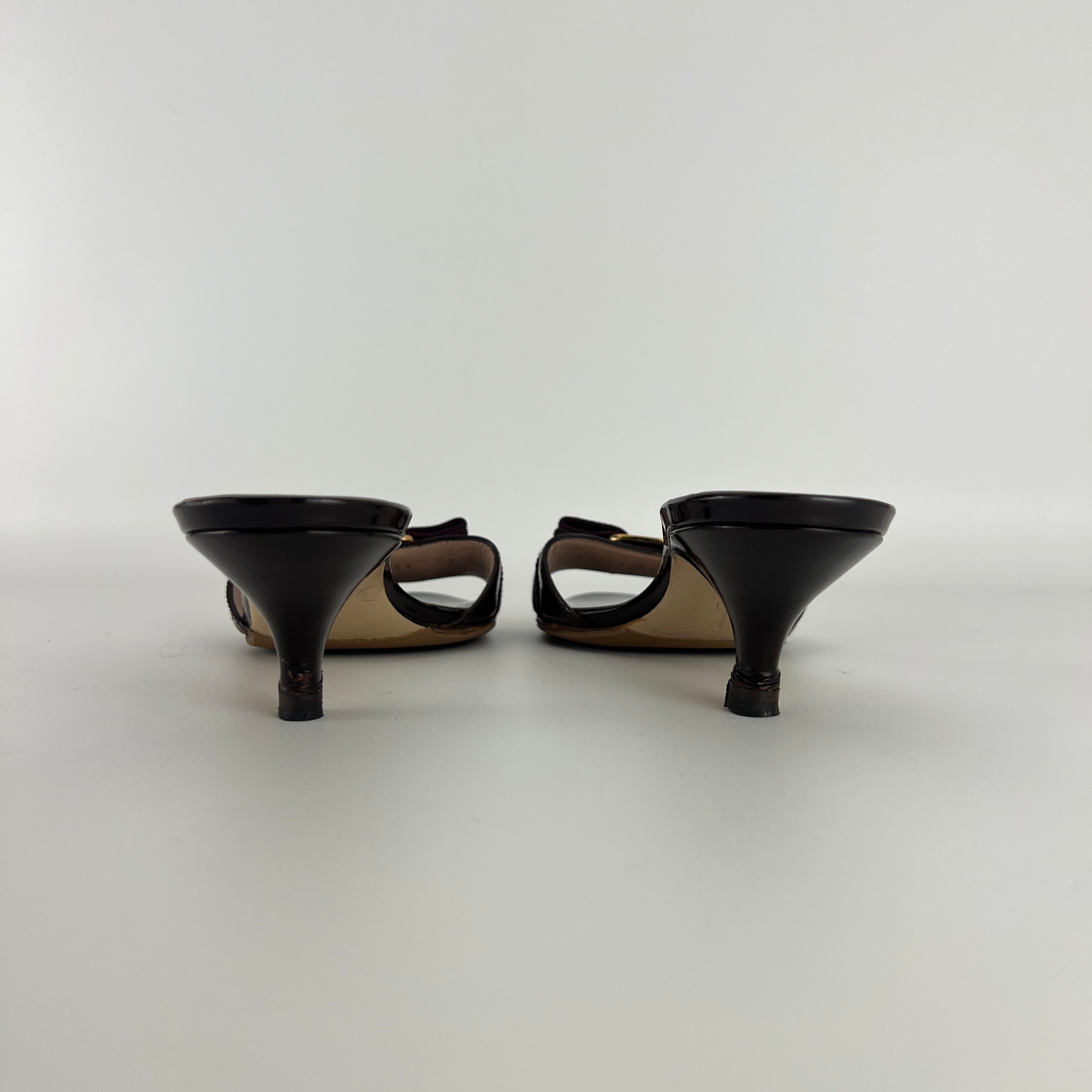 Ferragamo | Vara Bow Brown Eggplant Patent Leather Gold Sandal Mules (6.5, 36.5)