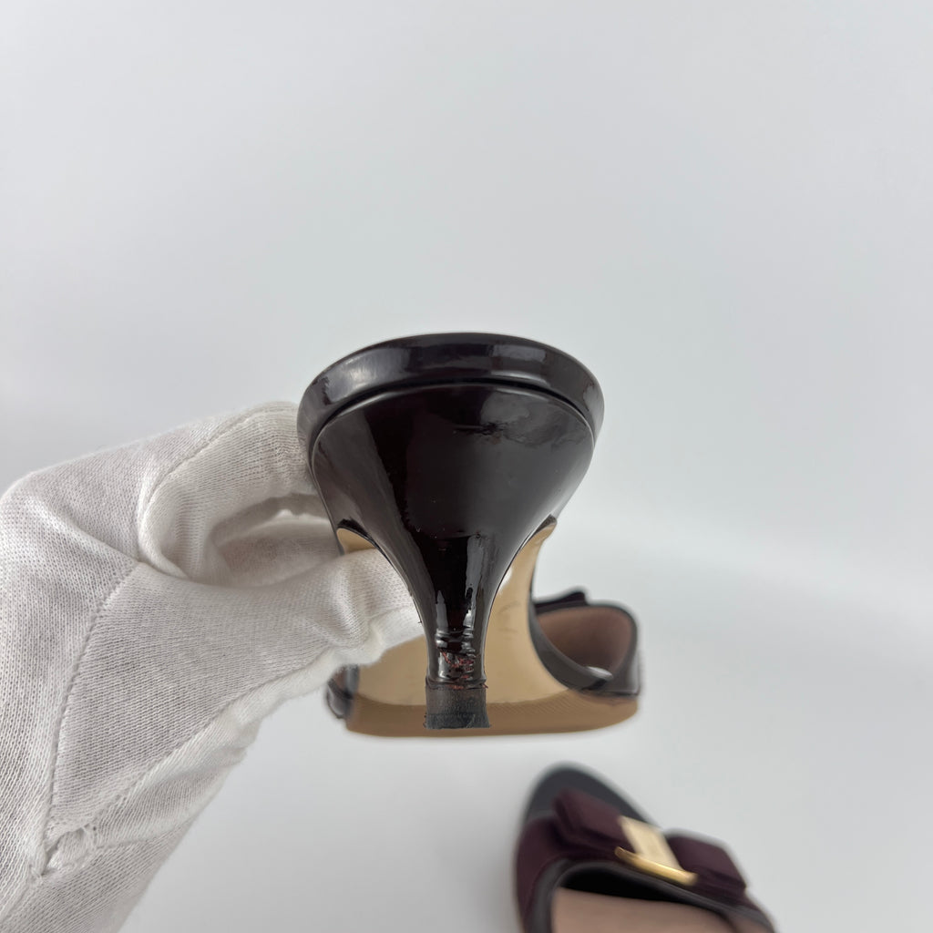 Ferragamo | Vara Bow Brown Eggplant Patent Leather Gold Sandal Mules (6.5, 36.5)