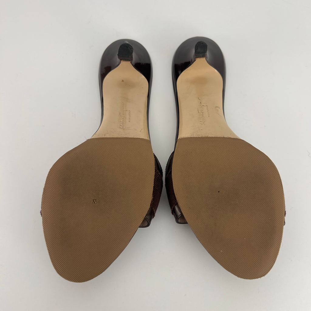 Ferragamo | Vara Bow Brown Eggplant Patent Leather Gold Sandal Mules (6.5, 36.5)