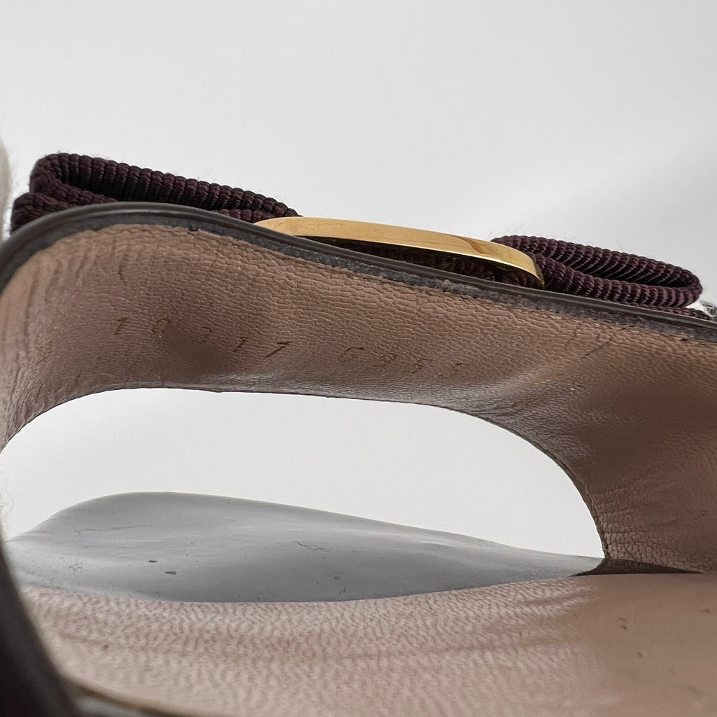 Ferragamo | Vara Bow Brown Eggplant Patent Leather Gold Sandal Mules (6.5, 36.5)
