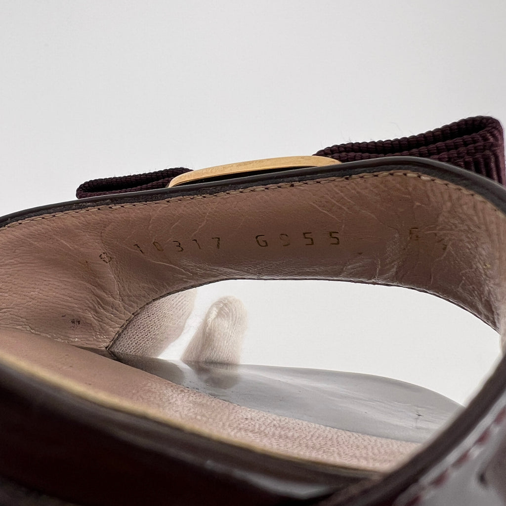 Ferragamo | Vara Bow Brown Eggplant Patent Leather Gold Sandal Mules (6.5, 36.5)