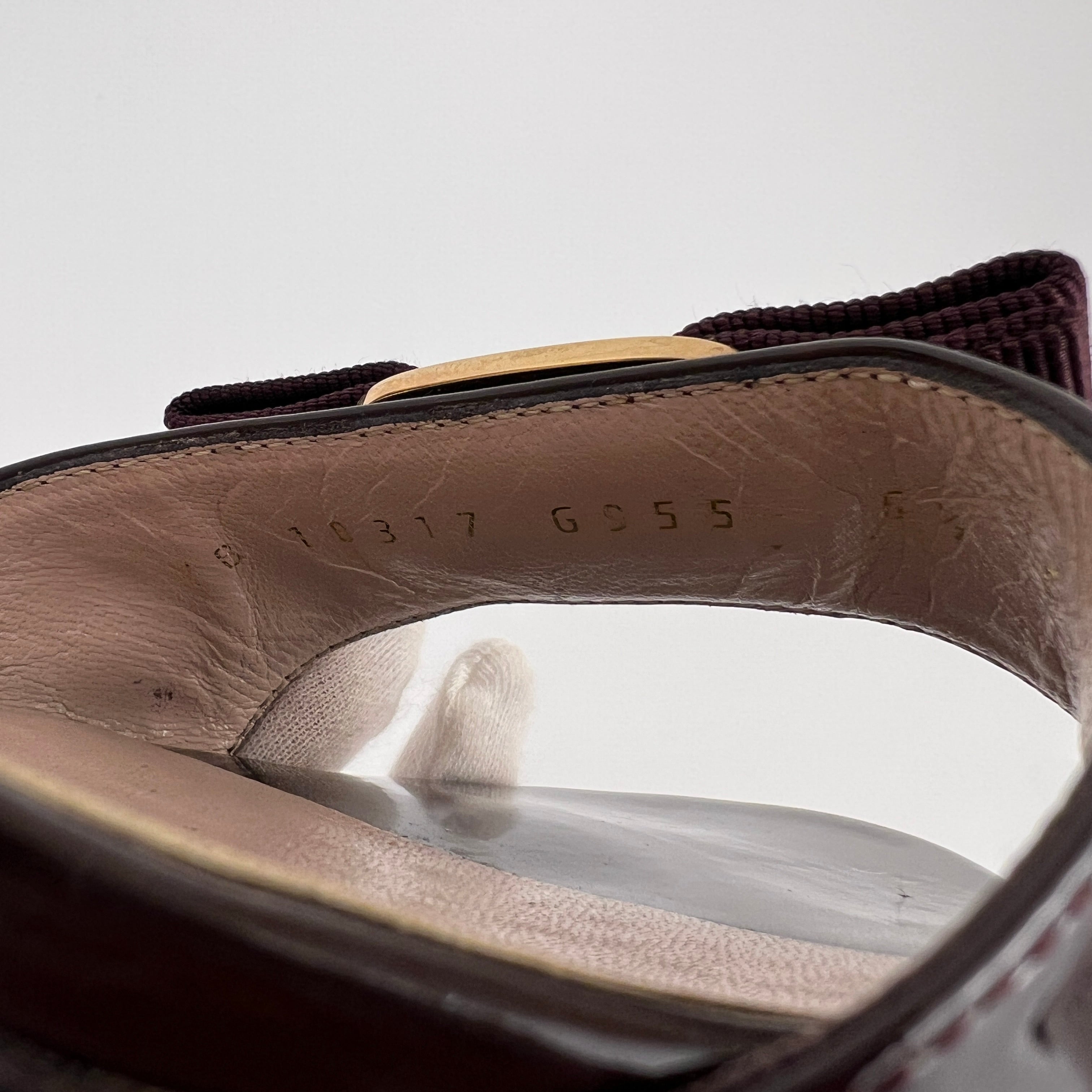 Ferragamo | Vara Bow Brown Eggplant Patent Leather Gold Sandal Mules (6.5, 36.5)