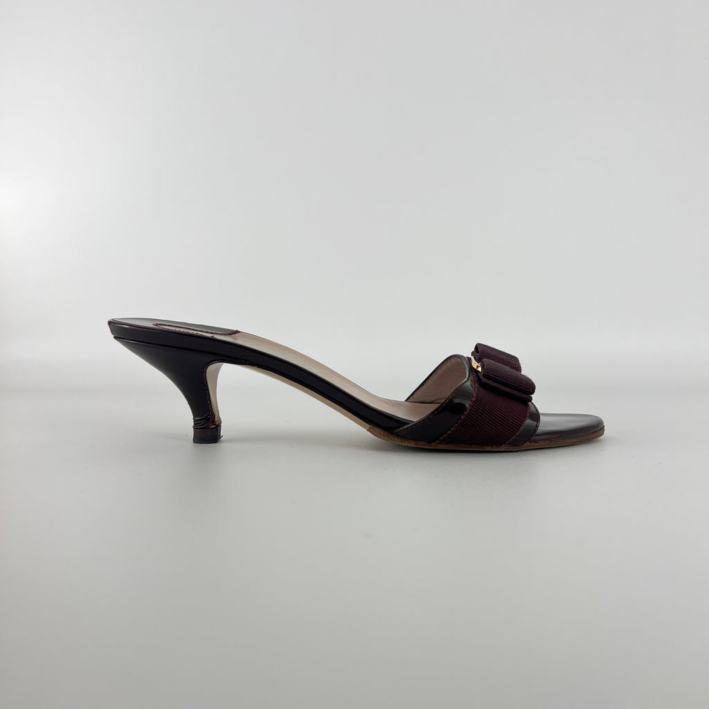 Ferragamo | Vara Bow Brown Eggplant Patent Leather Gold Sandal Mules (6.5, 36.5)