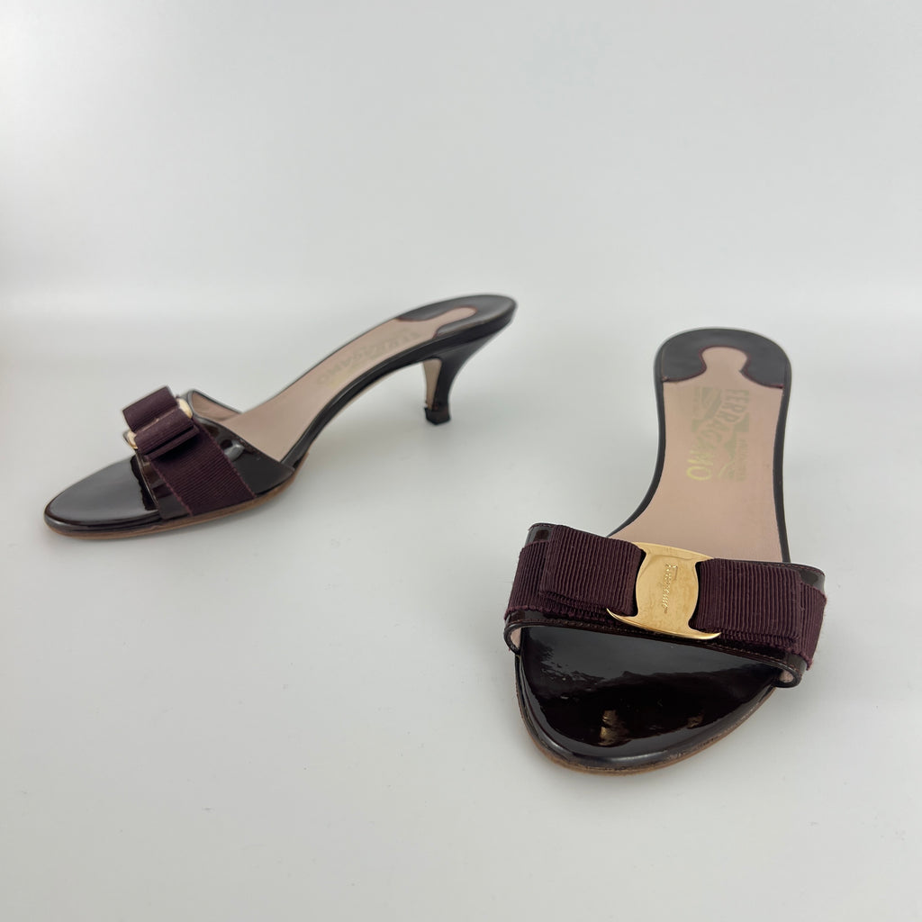 Ferragamo | Vara Bow Brown Eggplant Patent Leather Gold Sandal Mules (6.5, 36.5)