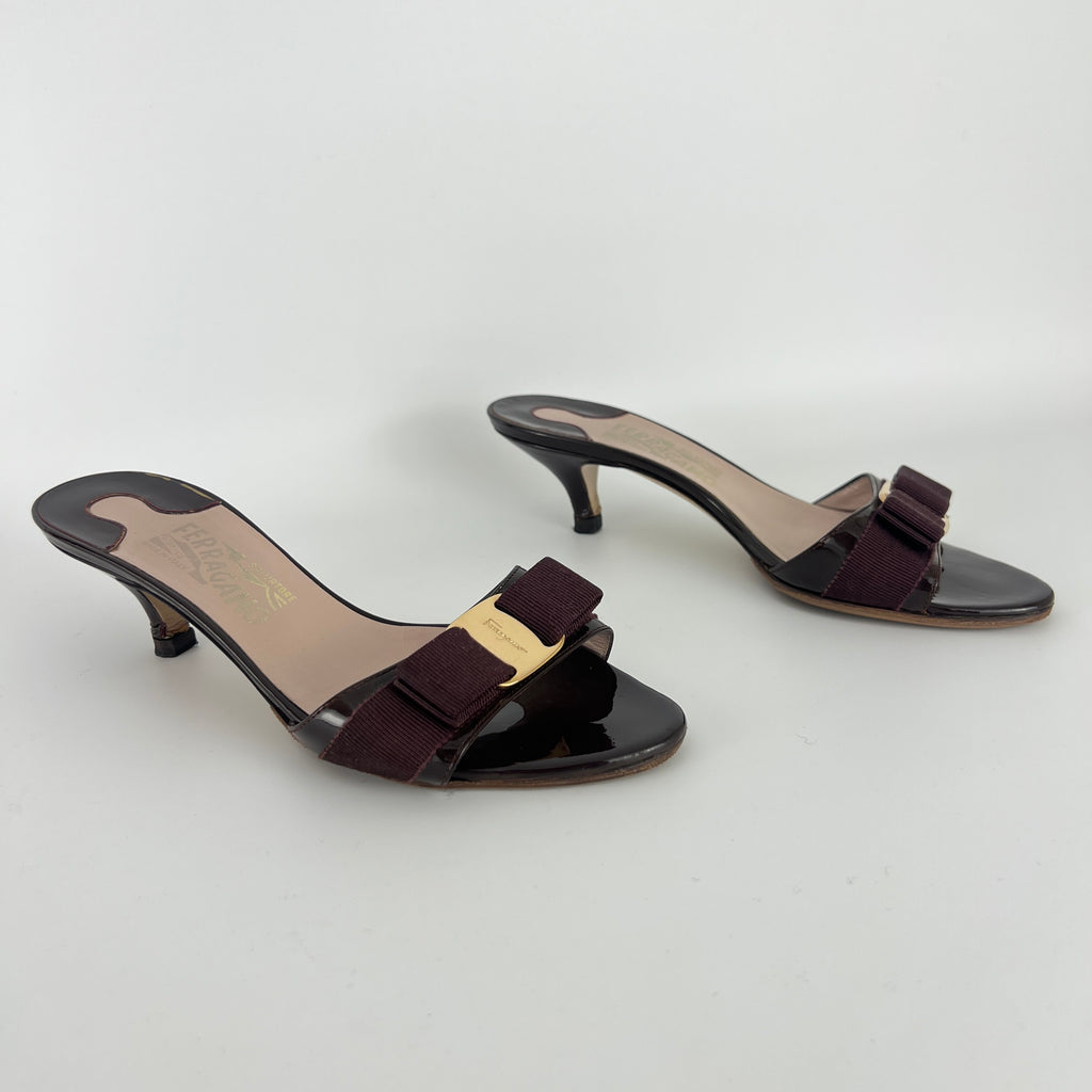 Ferragamo | Vara Bow Brown Eggplant Patent Leather Gold Sandal Mules (6.5, 36.5)