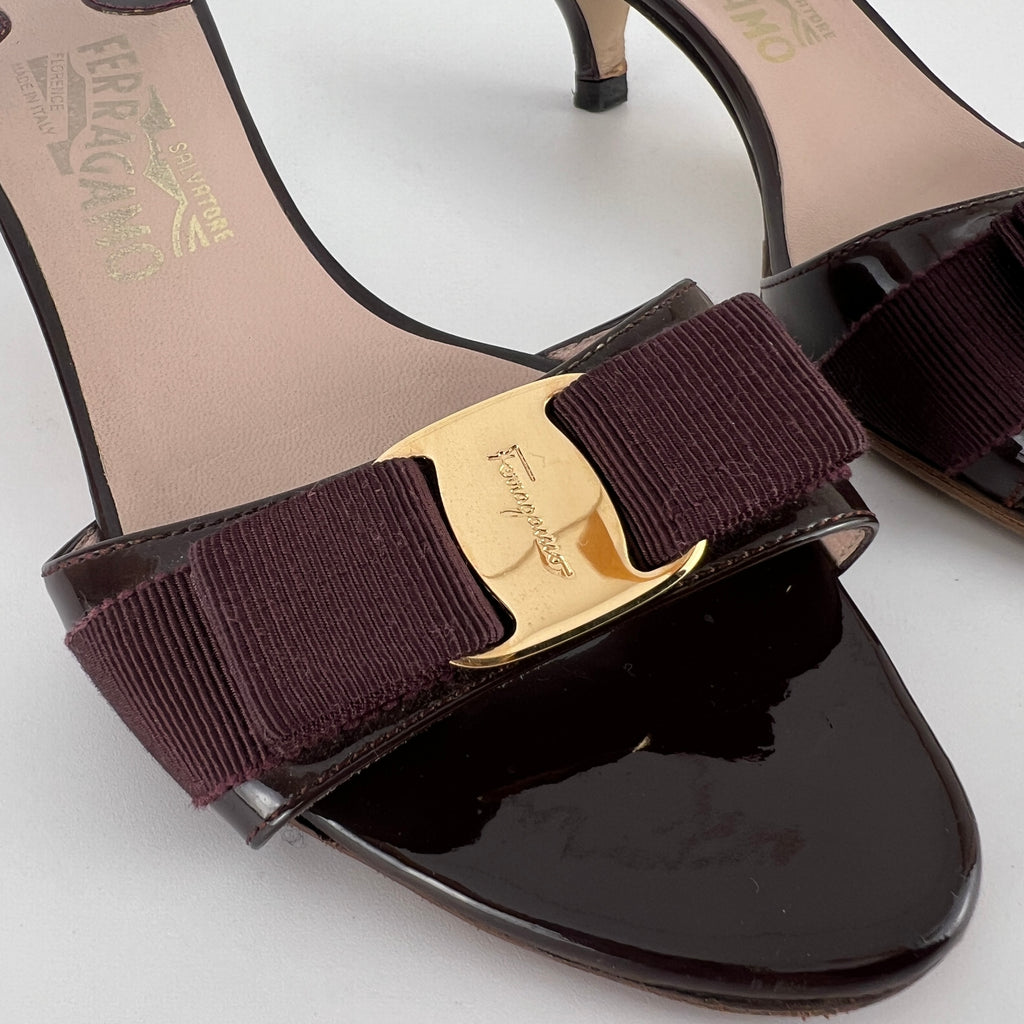 Ferragamo | Vara Bow Brown Eggplant Patent Leather Gold Sandal Mules (6.5, 36.5)