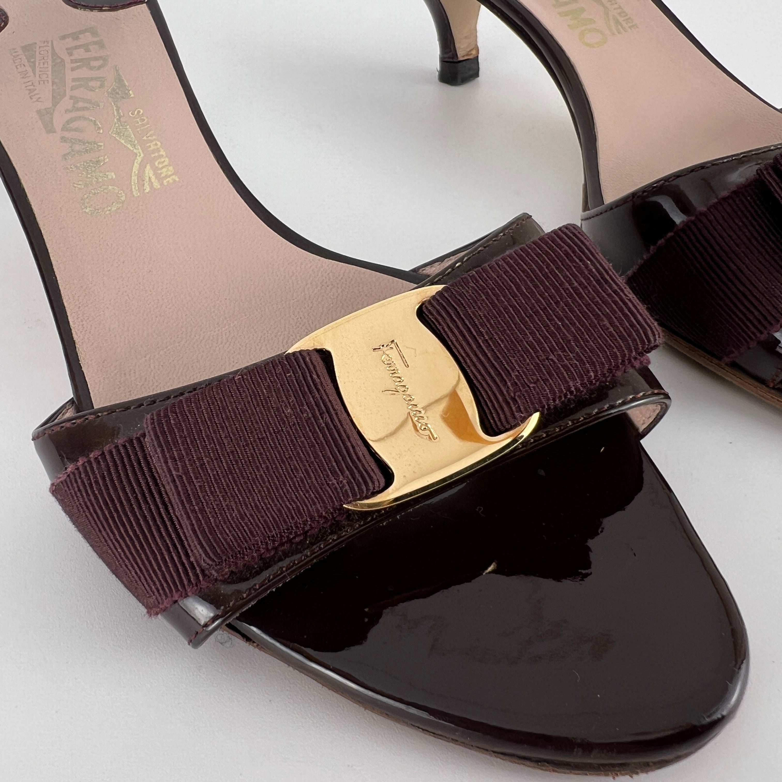 Ferragamo | Vara Bow Brown Eggplant Patent Leather Gold Sandal Mules (6.5, 36.5)