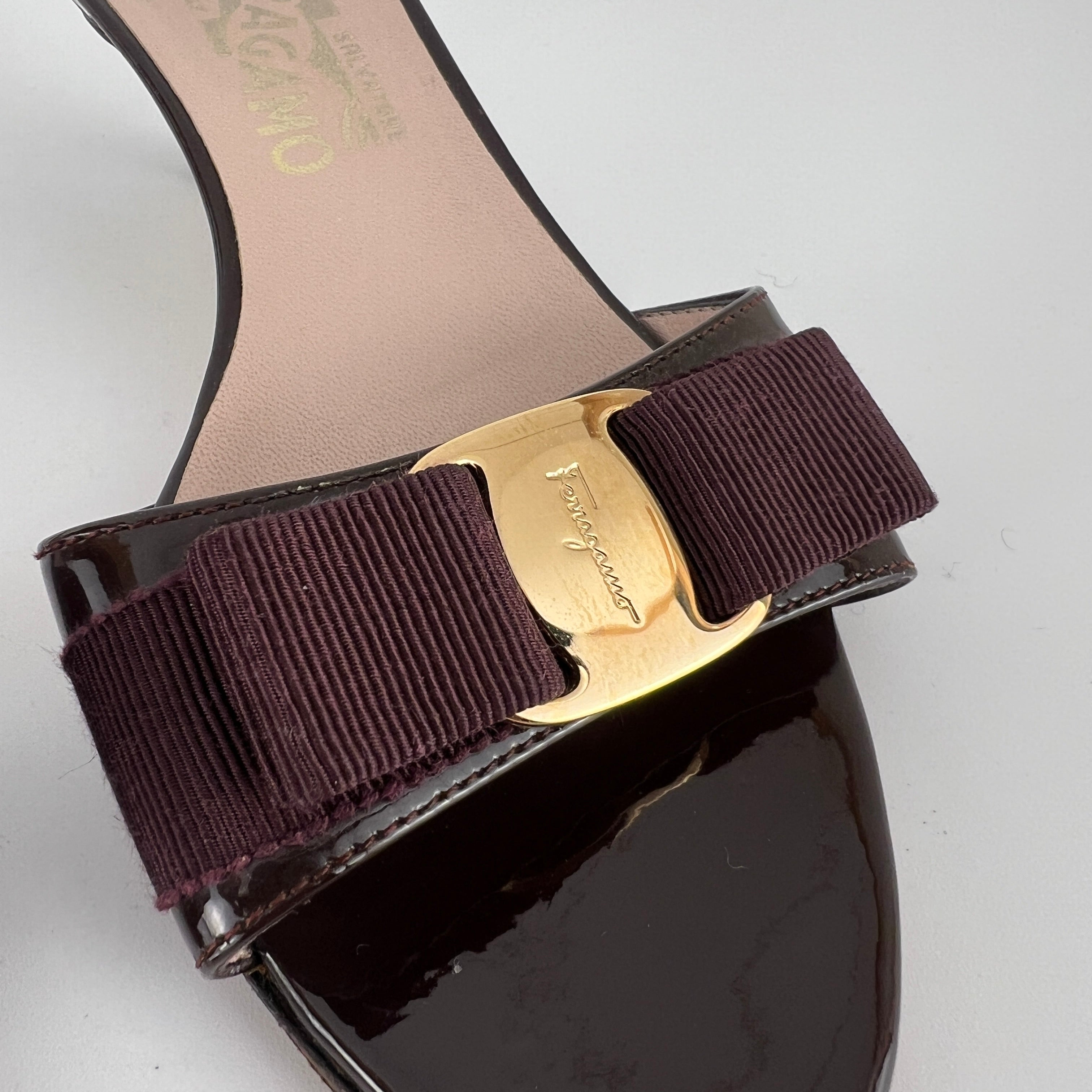 Ferragamo | Vara Bow Brown Eggplant Patent Leather Gold Sandal Mules (6.5, 36.5)