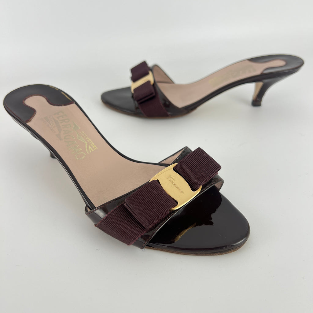 Ferragamo | Vara Bow Brown Eggplant Patent Leather Gold Sandal Mules (6.5, 36.5)