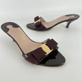 Ferragamo | Vara Bow Brown Eggplant Patent Leather Gold Sandal Mules (6.5, 36.5)