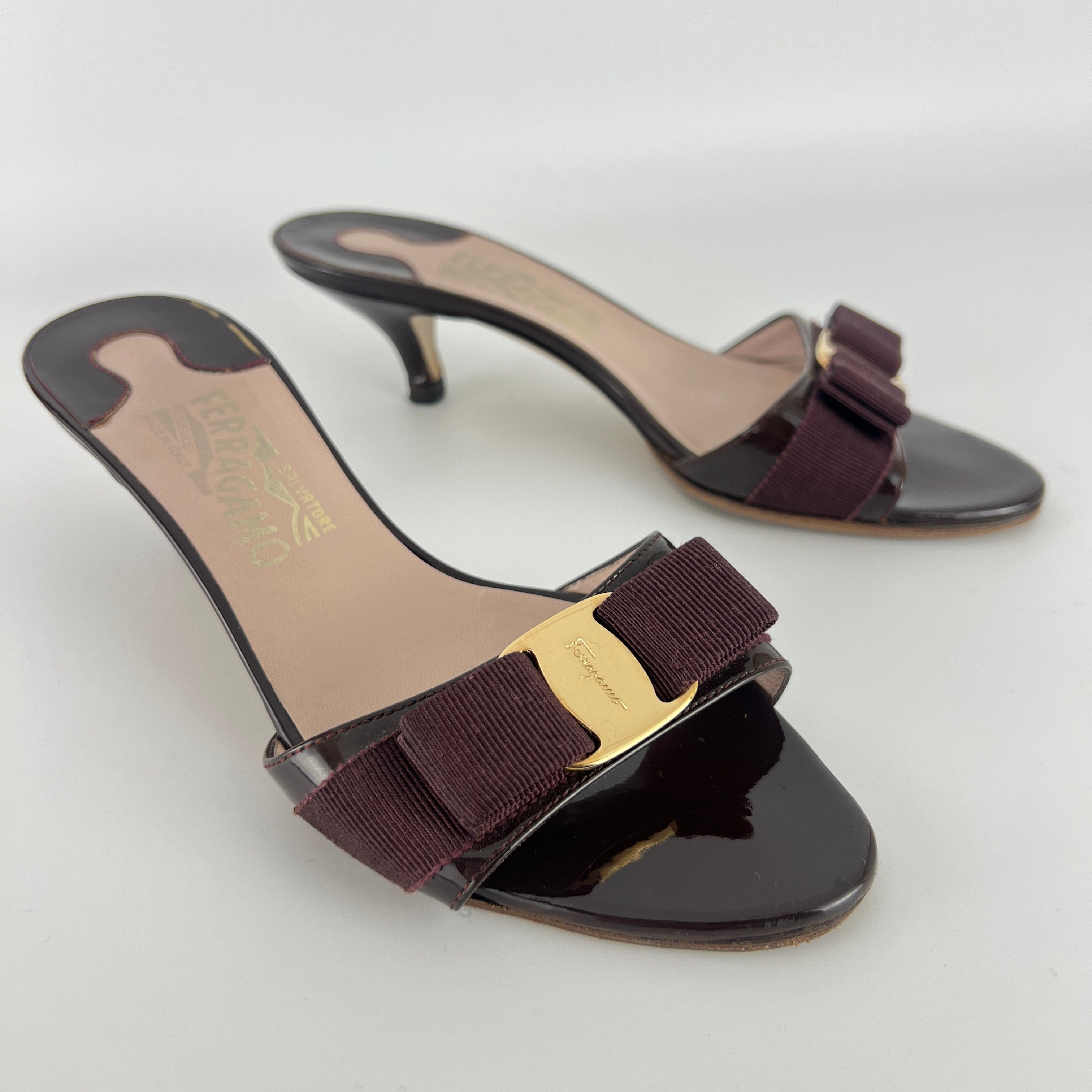 Ferragamo | Vara Bow Brown Eggplant Patent Leather Gold Sandal Mules (6.5, 36.5)