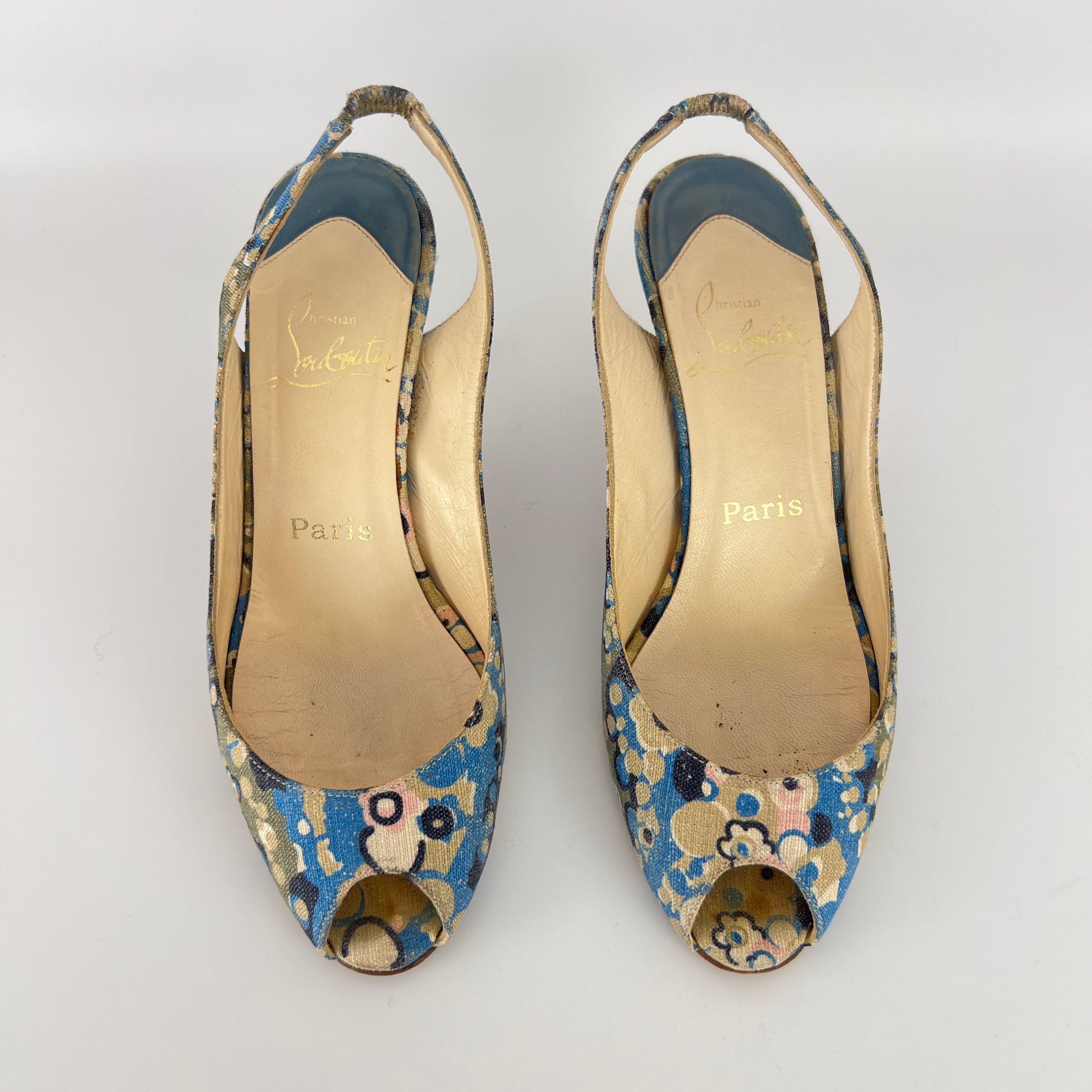 Louboutin | Materna Blue Floral Fabric Peep Toe Slingback Leather Pumps Rare (37)
