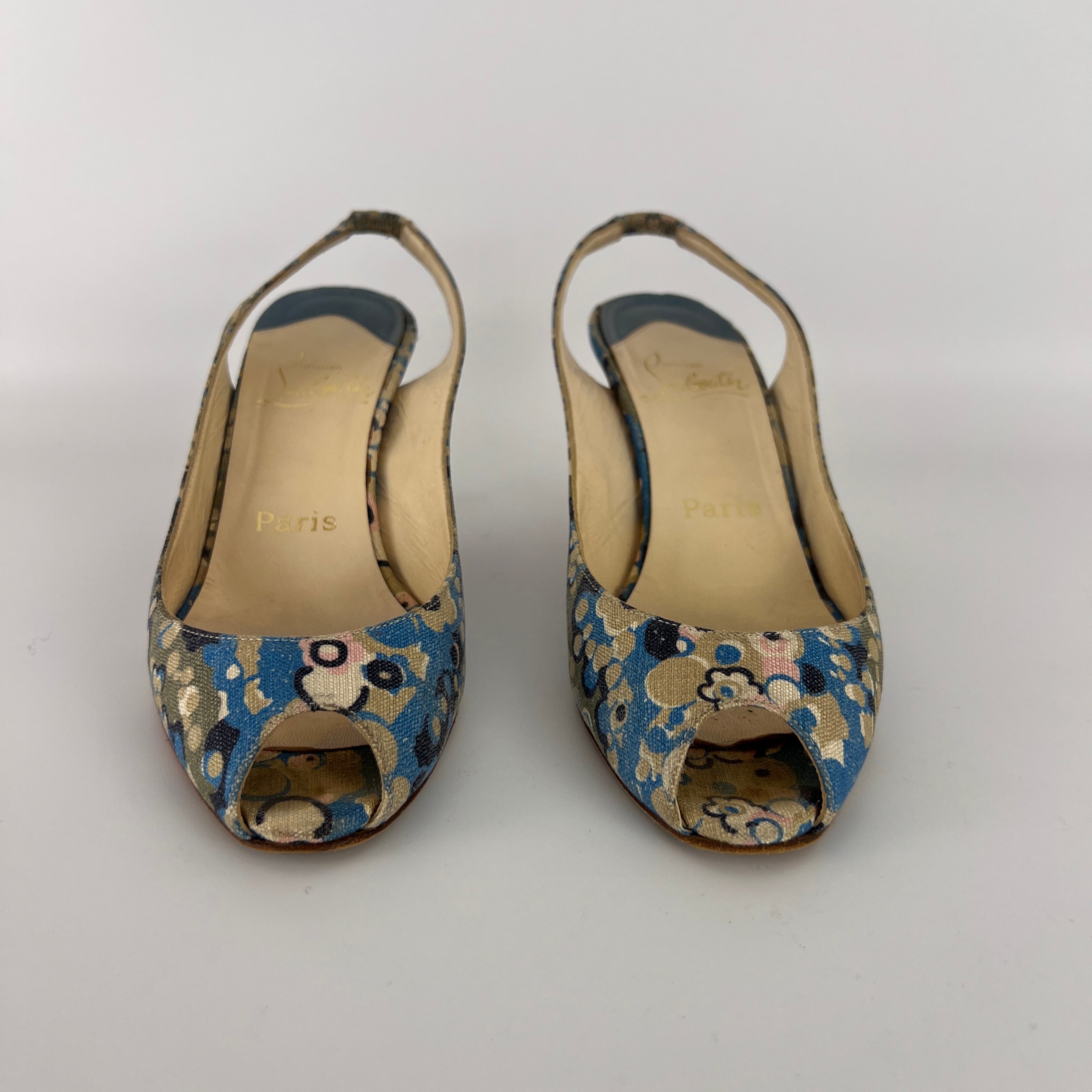 Louboutin | Materna Blue Floral Fabric Peep Toe Slingback Leather Pumps Rare (37)