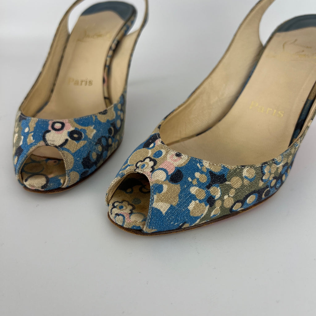Louboutin | Materna Blue Floral Fabric Peep Toe Slingback Leather Pumps Rare (37)