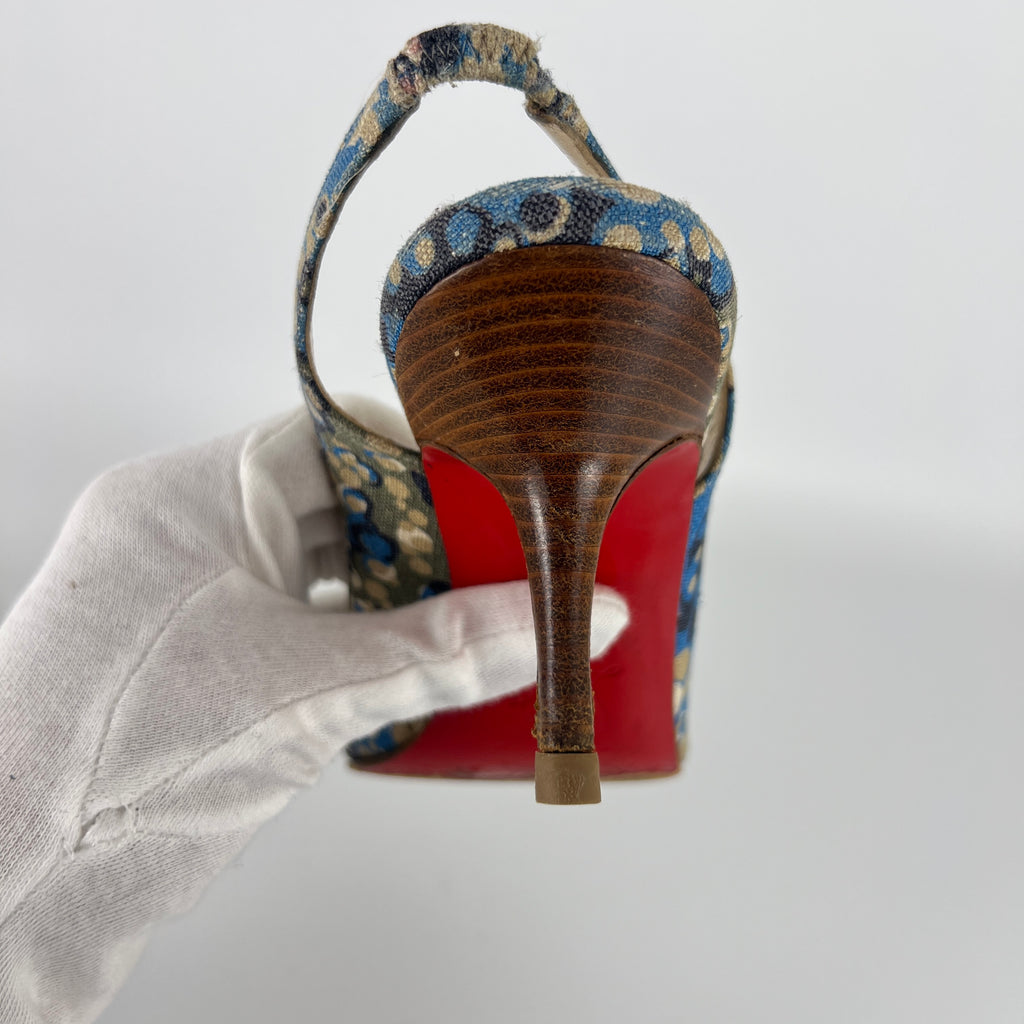 Louboutin | Materna Blue Floral Fabric Peep Toe Slingback Leather Pumps Rare (37)