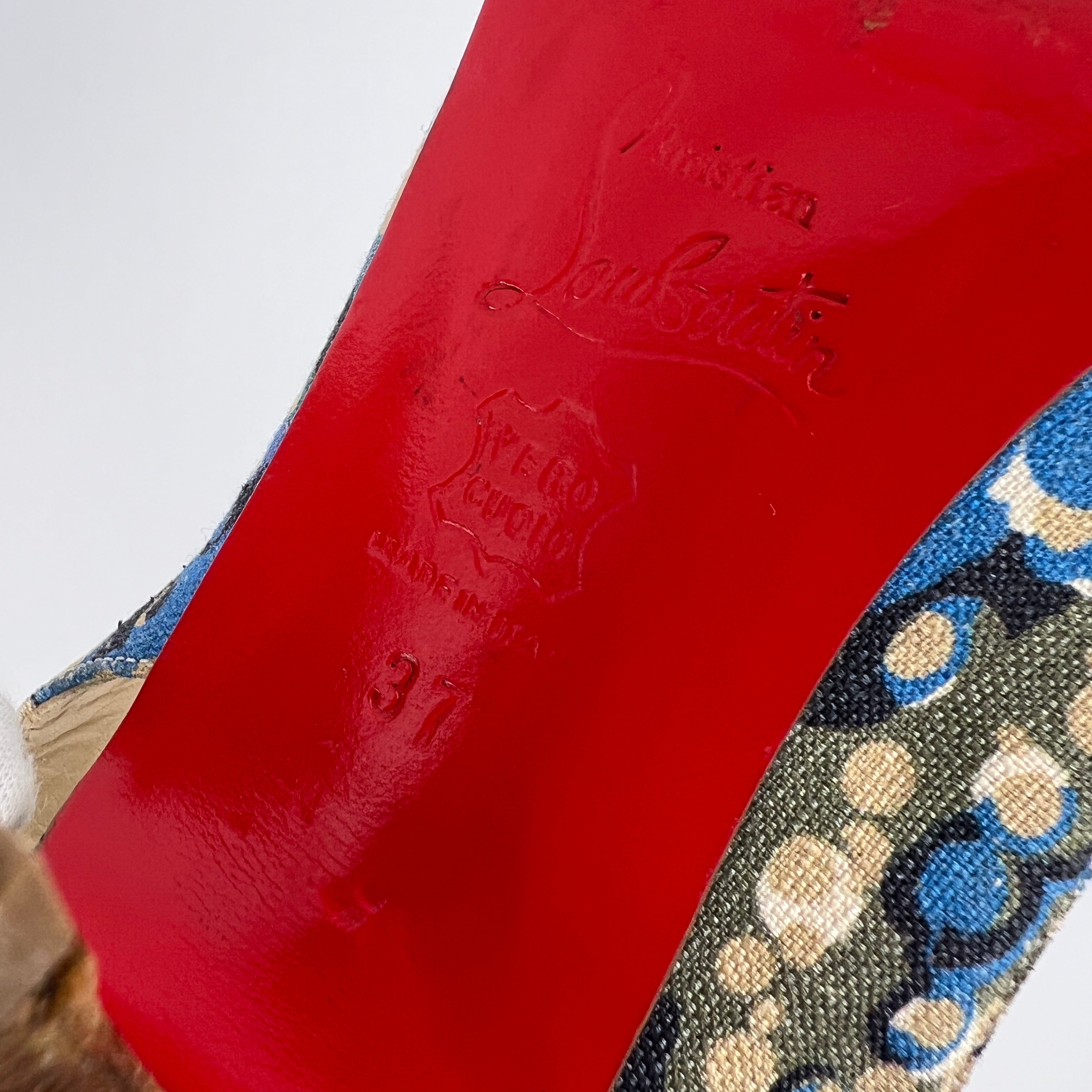 Louboutin | Materna Blue Floral Fabric Peep Toe Slingback Leather Pumps Rare (37)