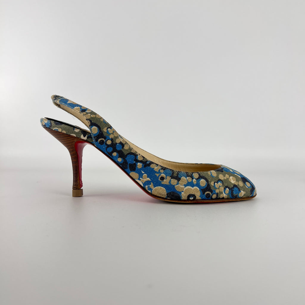 Louboutin | Materna Blue Floral Fabric Peep Toe Slingback Leather Pumps Rare (37)