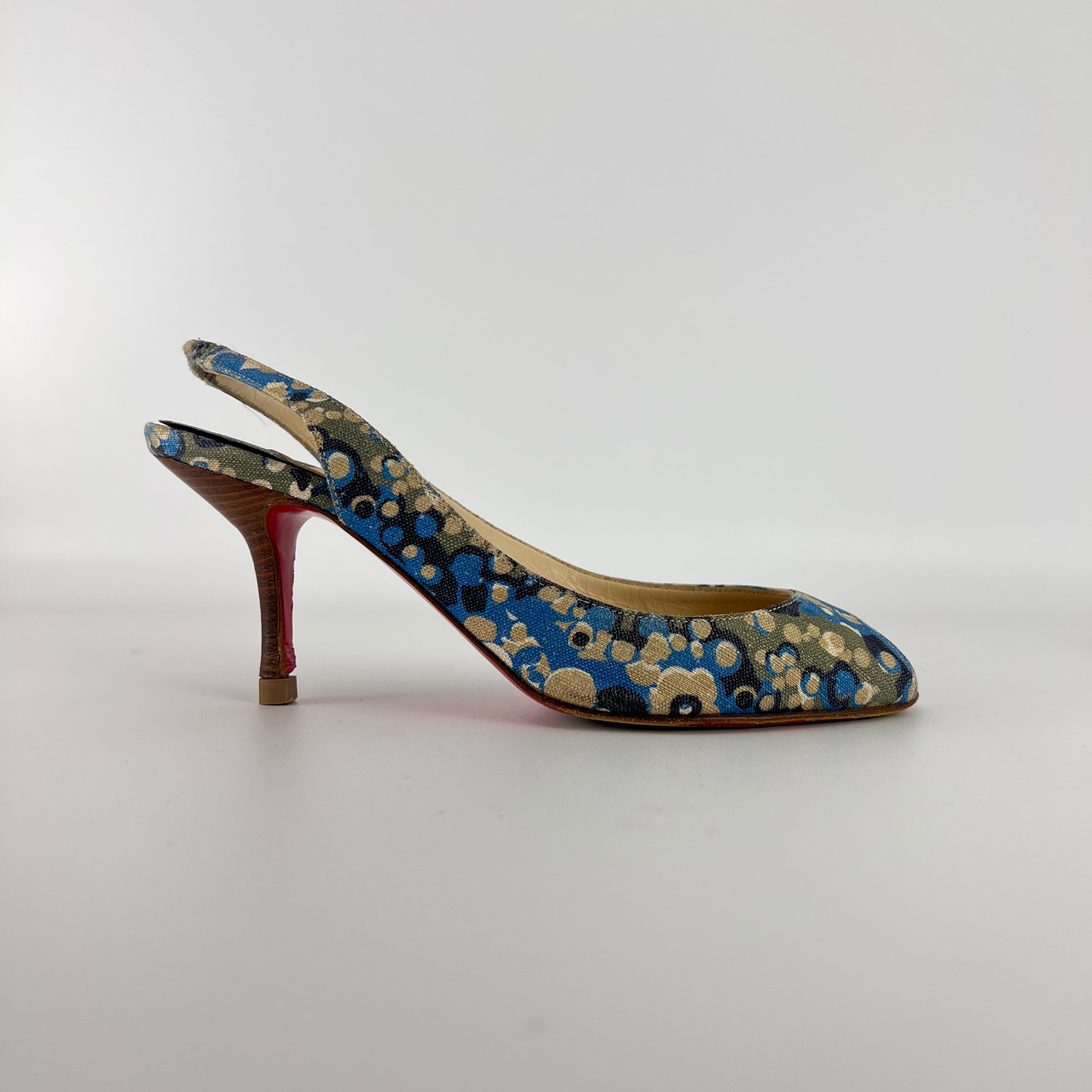 Louboutin | Materna Blue Floral Fabric Peep Toe Slingback Leather Pumps Rare (37)